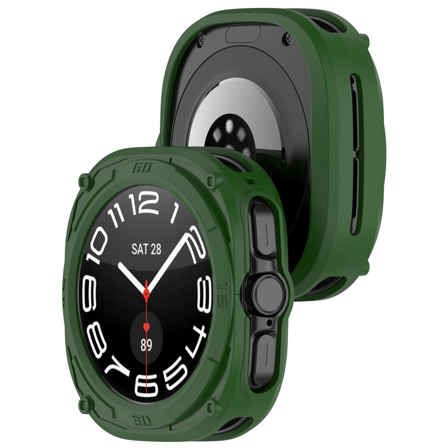 Grüne Smartwatch mit Schutzhülle. Das Zifferblatt zeigt Datum und Uhrzeit. Die Hülle hat Knöpfe.