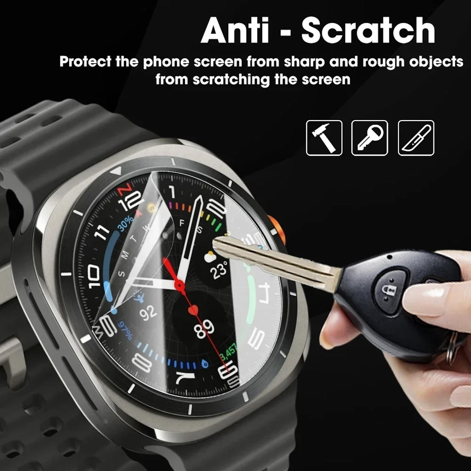 Eine silberne Smartwatch mit schwarzem Armband, wird von einem Autoschlüssel zerkratzt. Anti-Kratz-Funktion.