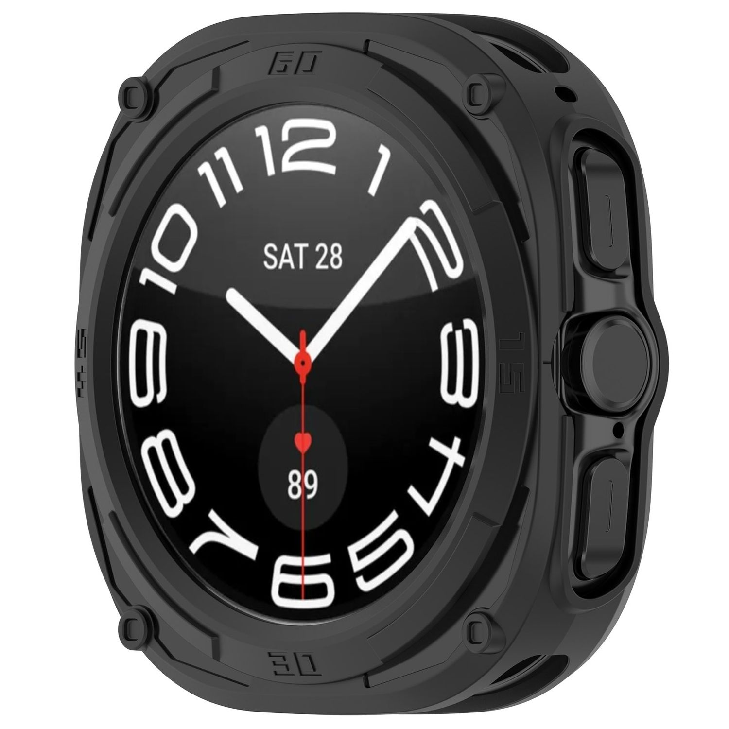 Schwarzes Smartwatch-Zifferblatt mit weißen Zahlen und Zeigern. Zeigt Datum und Herzfrequenz an.