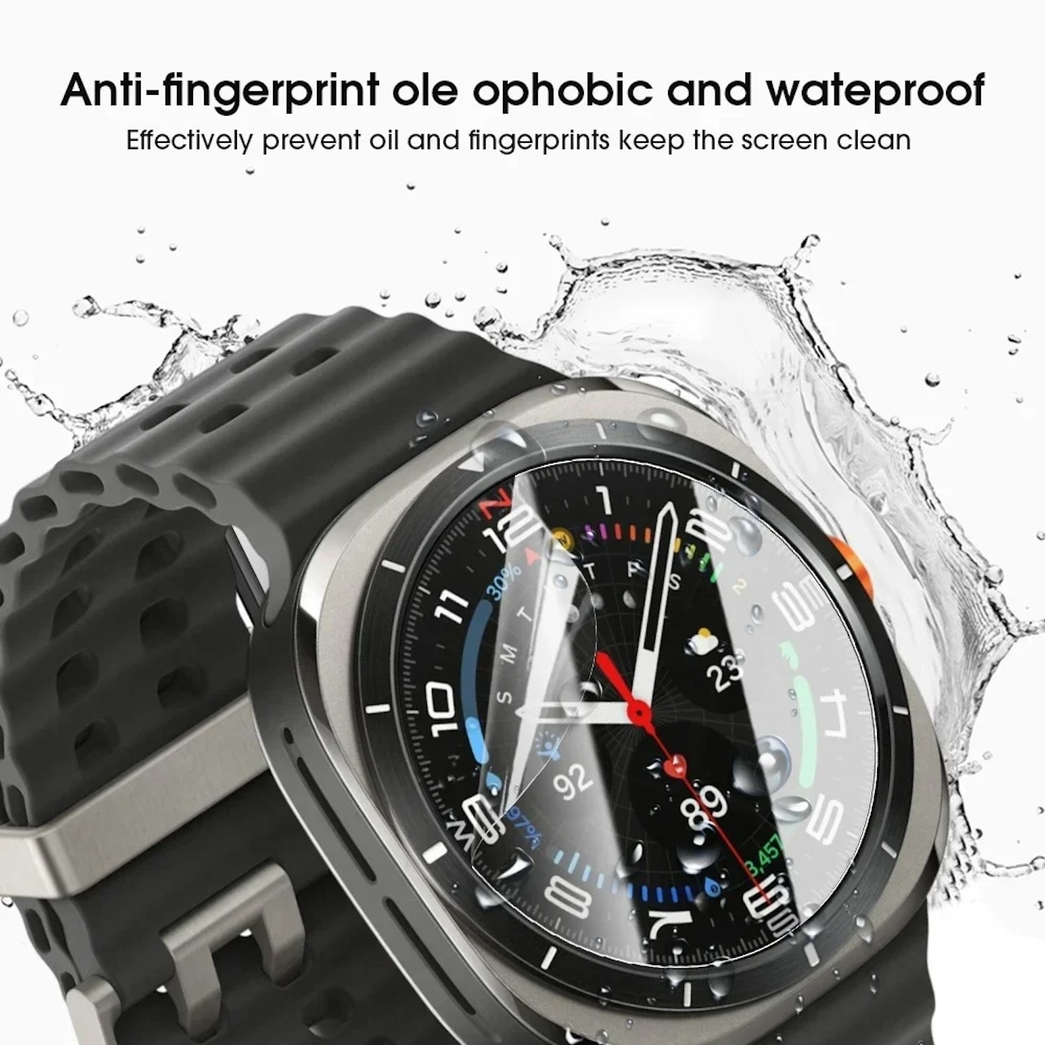 Nahaufnahme einer Smartwatch mit Wassertropfen, die den Bildschirm zeigt.