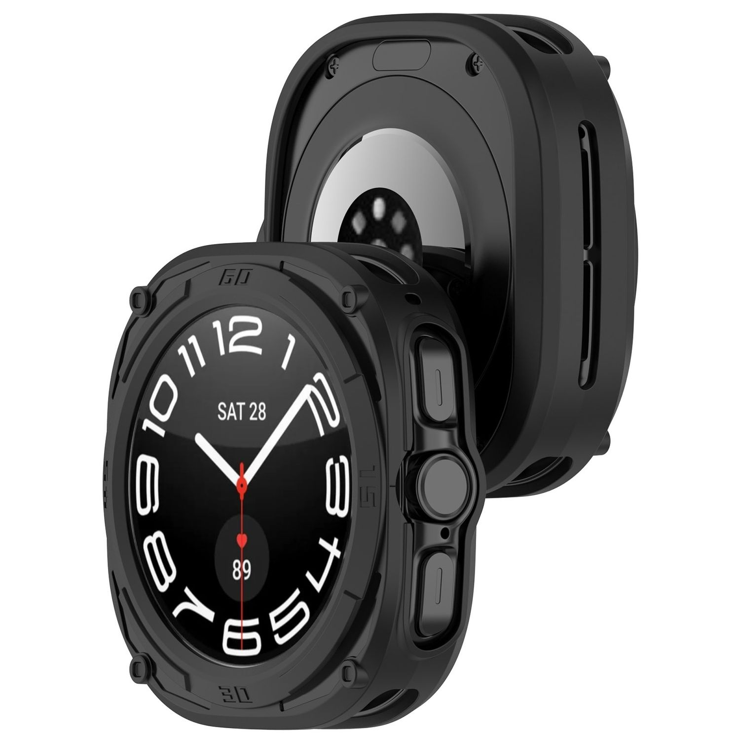 Eine schwarze Smartwatch mit Schutzhülle. Das Zifferblatt zeigt Datum und Uhrzeit an.