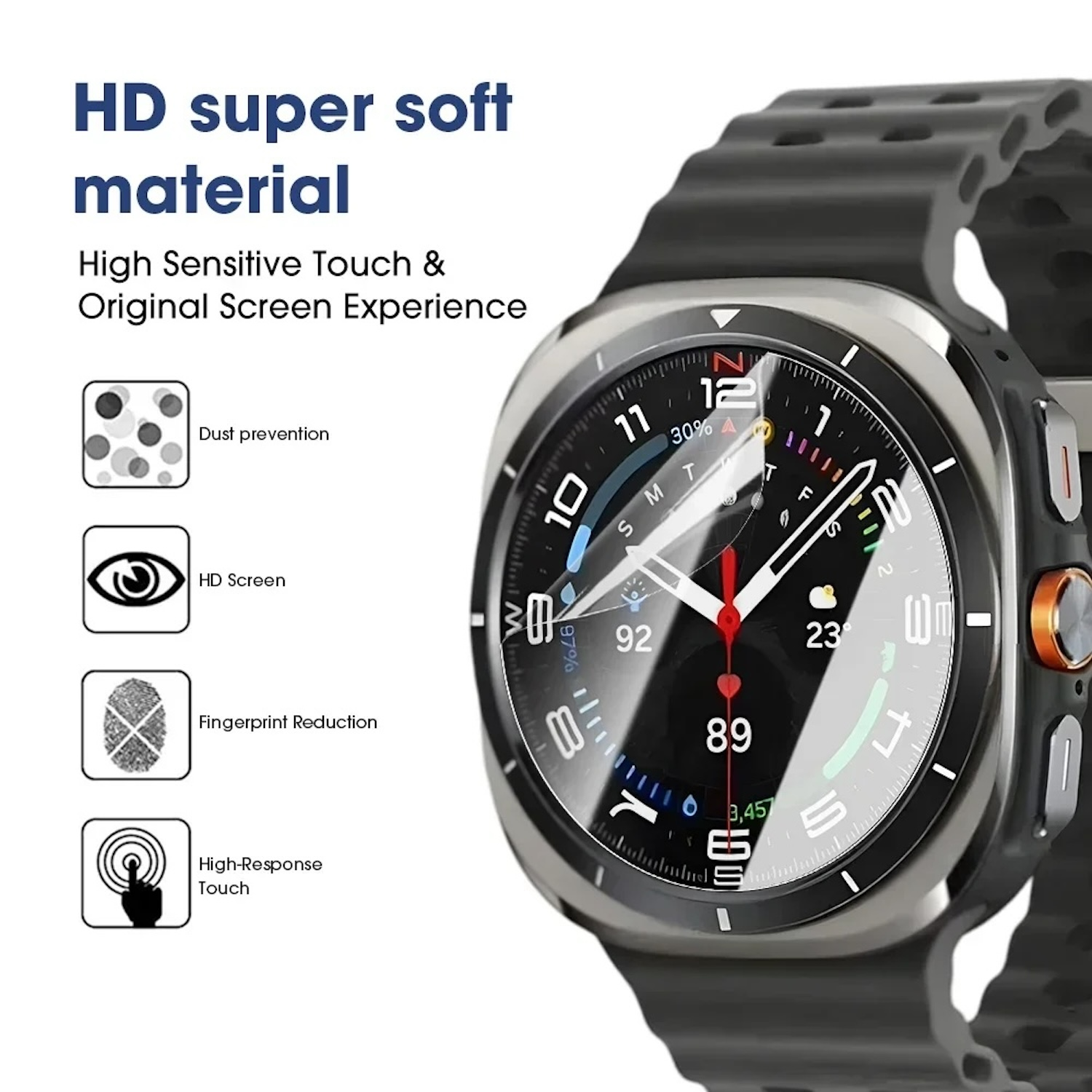 Smartwatch mit schwarzem Armband, zeigt die Uhrzeit an.