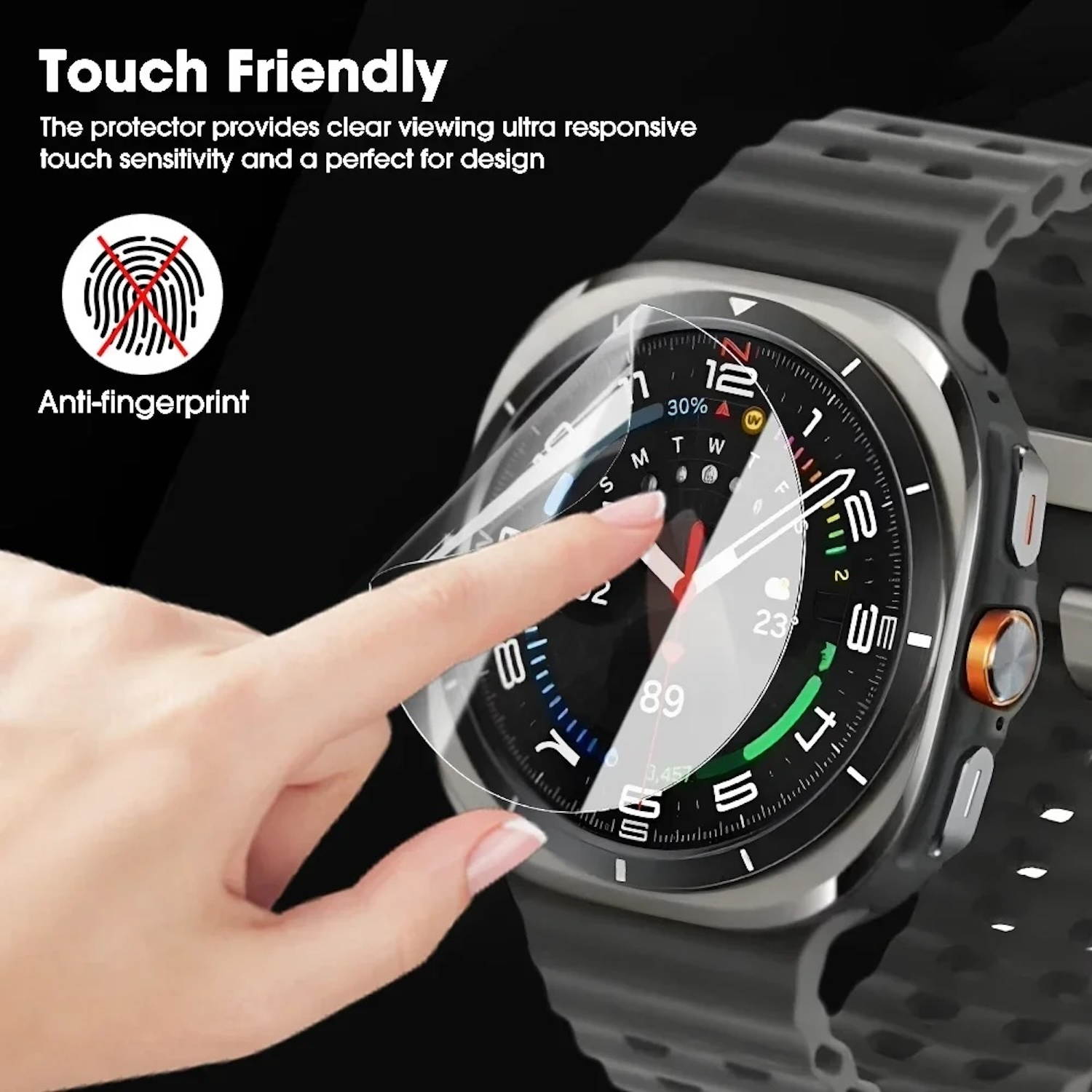Eine Hand berührt einen Displayschutz auf einer Smartwatch. Text betont die Benutzerfreundlichkeit.