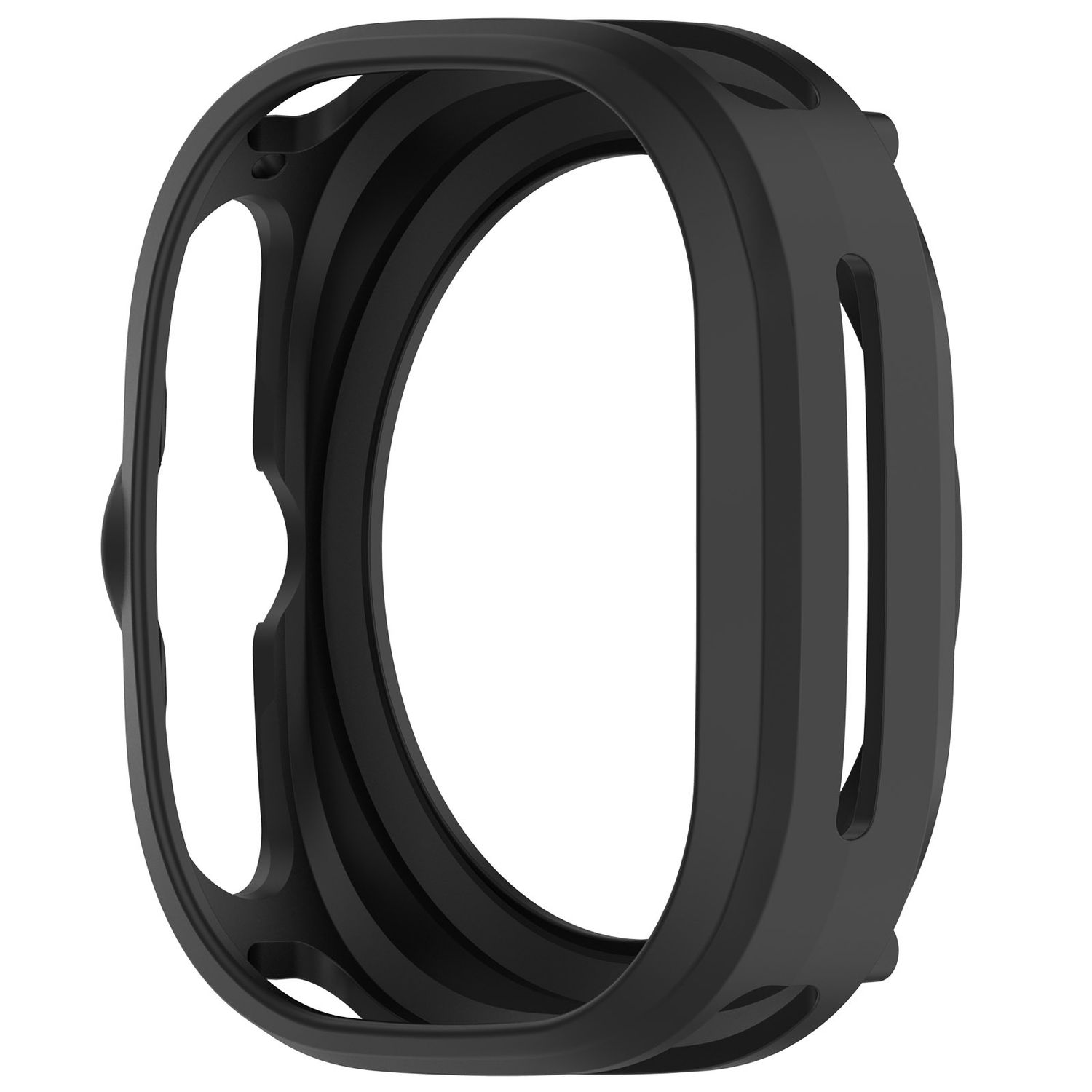 Schwarzes Gehäuse für ein tragbares Gerät mit mehreren Aussparungen, wahrscheinlich für eine Smartwatch.