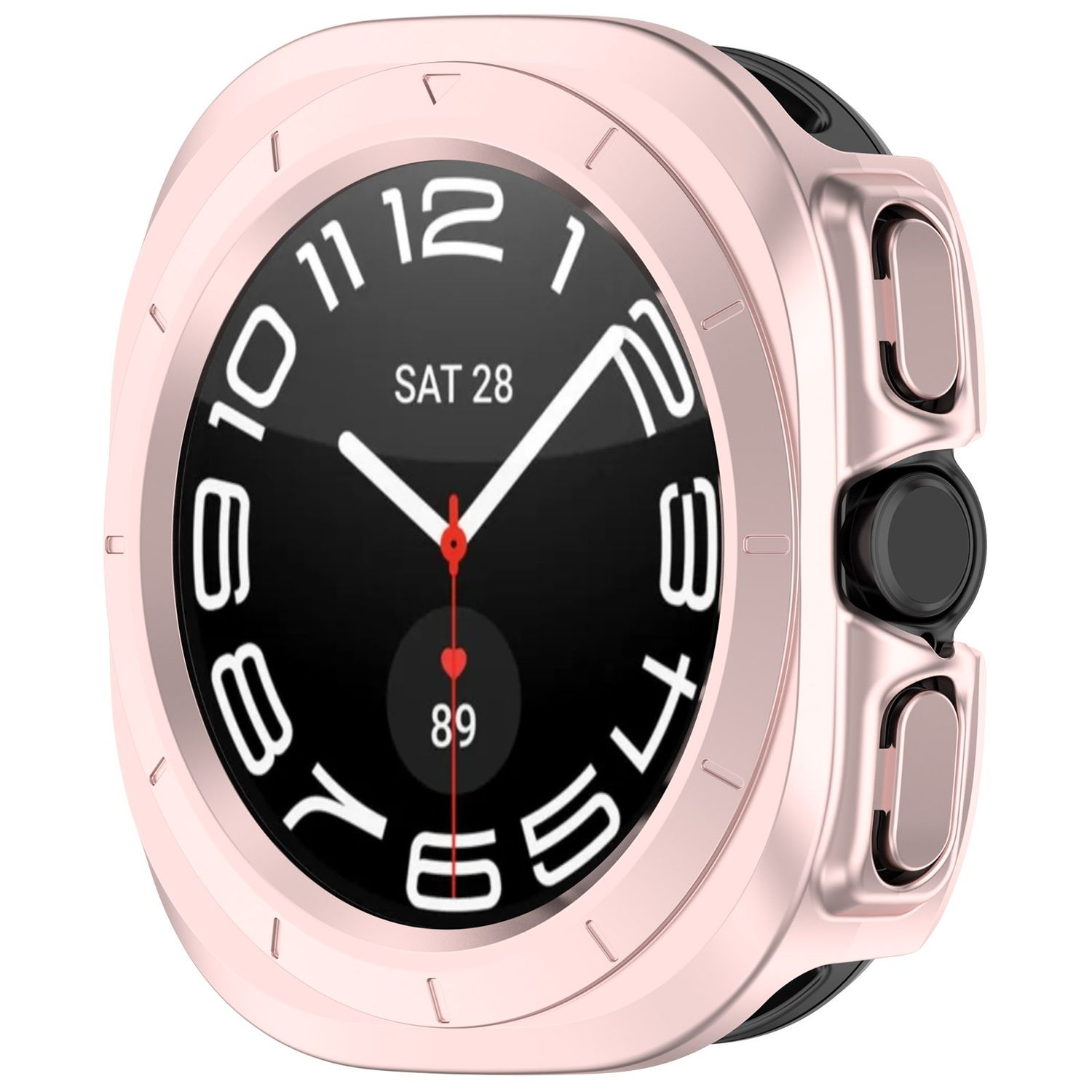 Eine roségoldene Smartwatch mit schwarzem Bildschirm, Datum und Uhrzeit anzeigend.