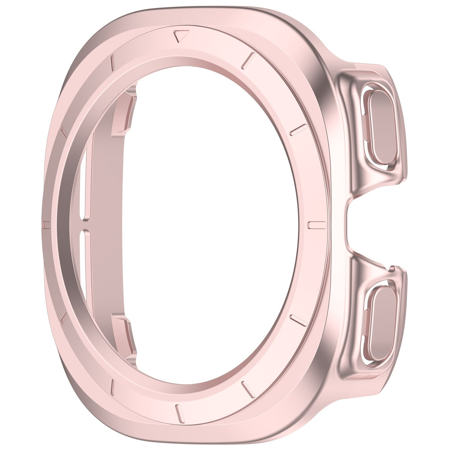 Roségoldfarbenes Smartwatch-Gehäuse mit Aussparungen für Knöpfe und Bildschirm.