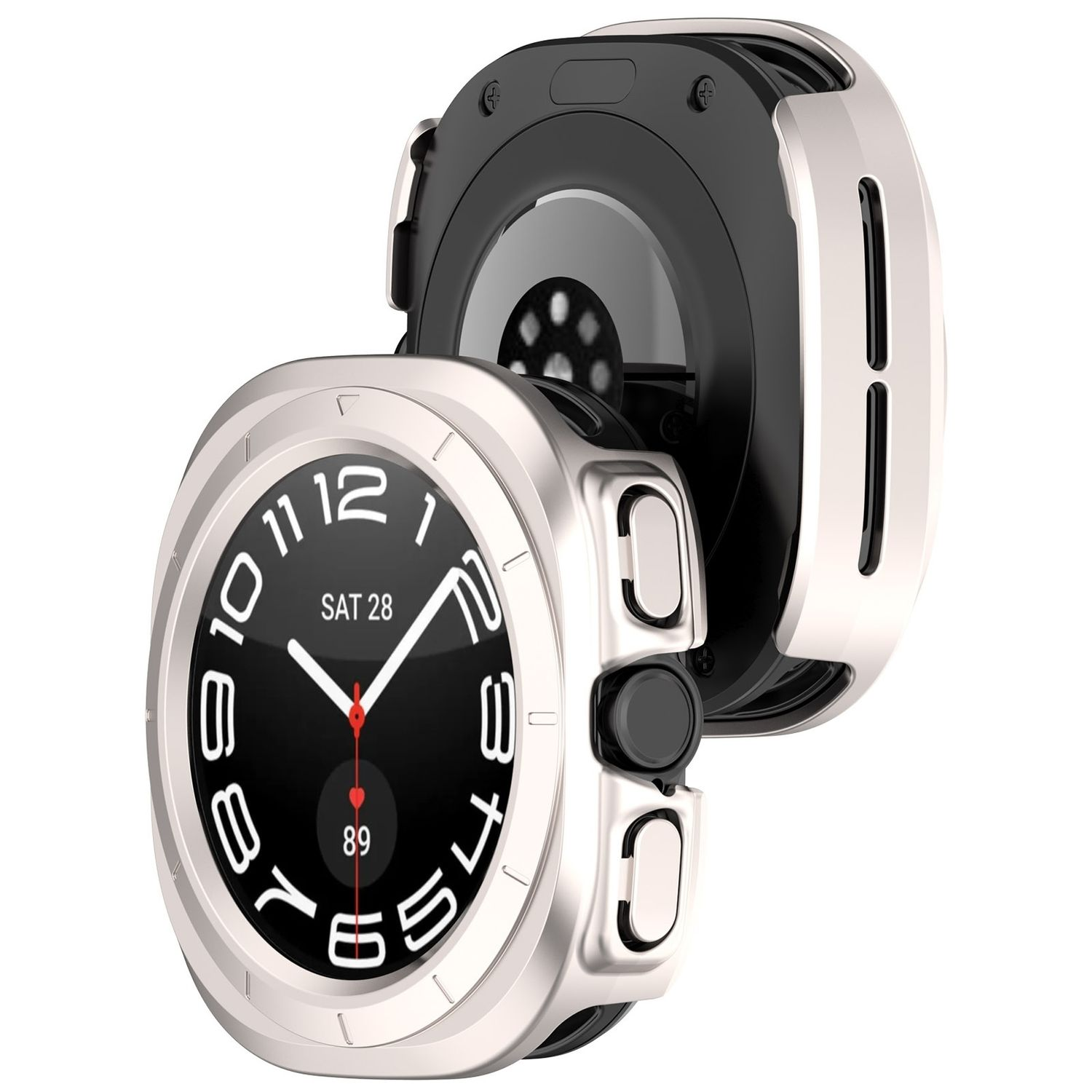 Smartwatch mit silberner Lünette. Das Zifferblatt zeigt Datum und Uhrzeit.