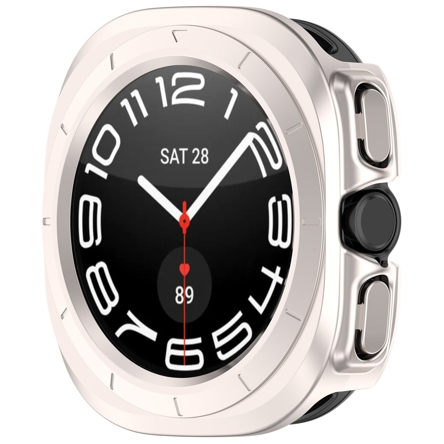 Ein silbernes und schwarzes Smartwatch-Zifferblatt mit Datum und Uhrzeit.