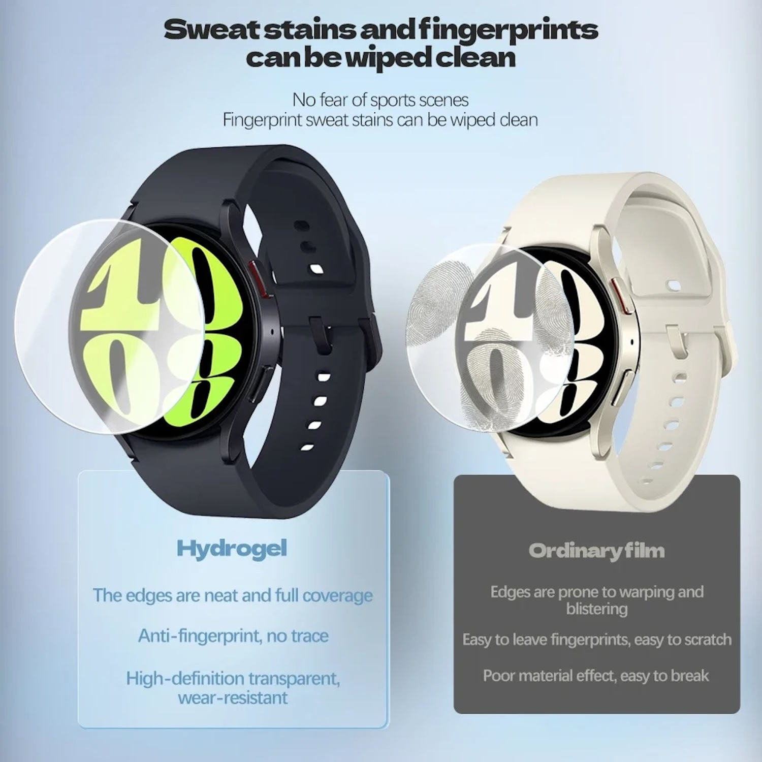 Due smartwatch con protezioni schermo. Uno nero e uno bianco. Il testo descrive le protezioni.