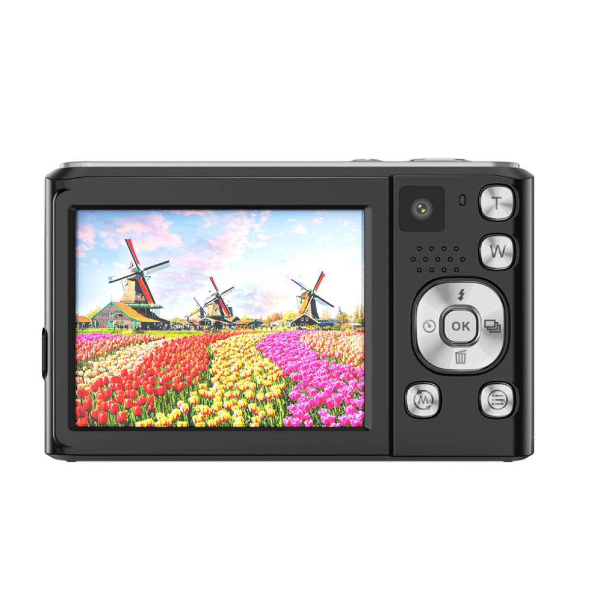 Czarny aparat cyfrowy wyświetlający zdjęcie wiatraków na polu kolorowych tulipanów.