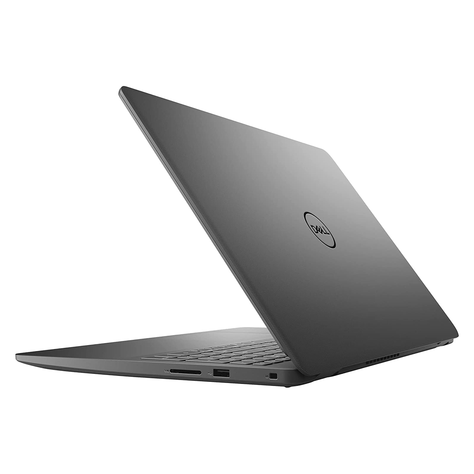 Un laptop grigio è aperto ad angolo, mostrando la tastiera e il logo Dell sul retro dello schermo.