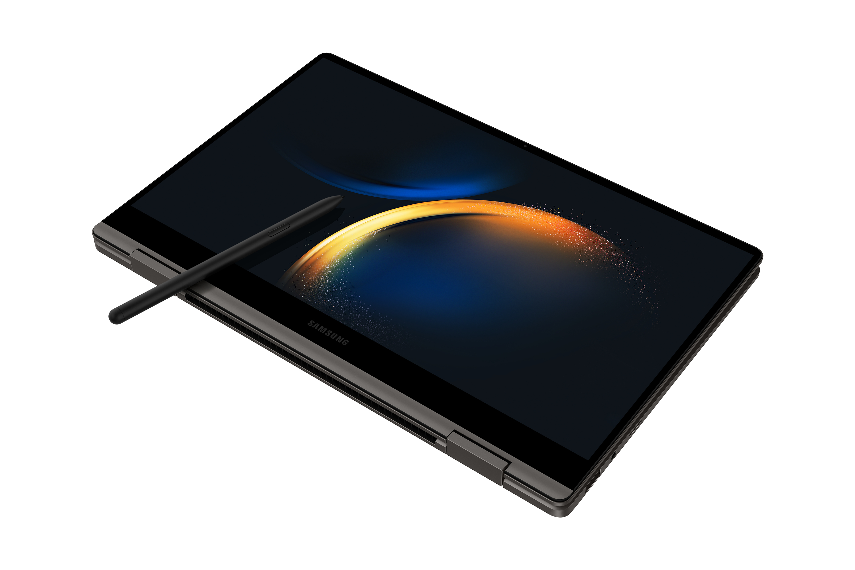 Un laptop con schermo nero e stilo. Lo schermo mostra un design colorato.