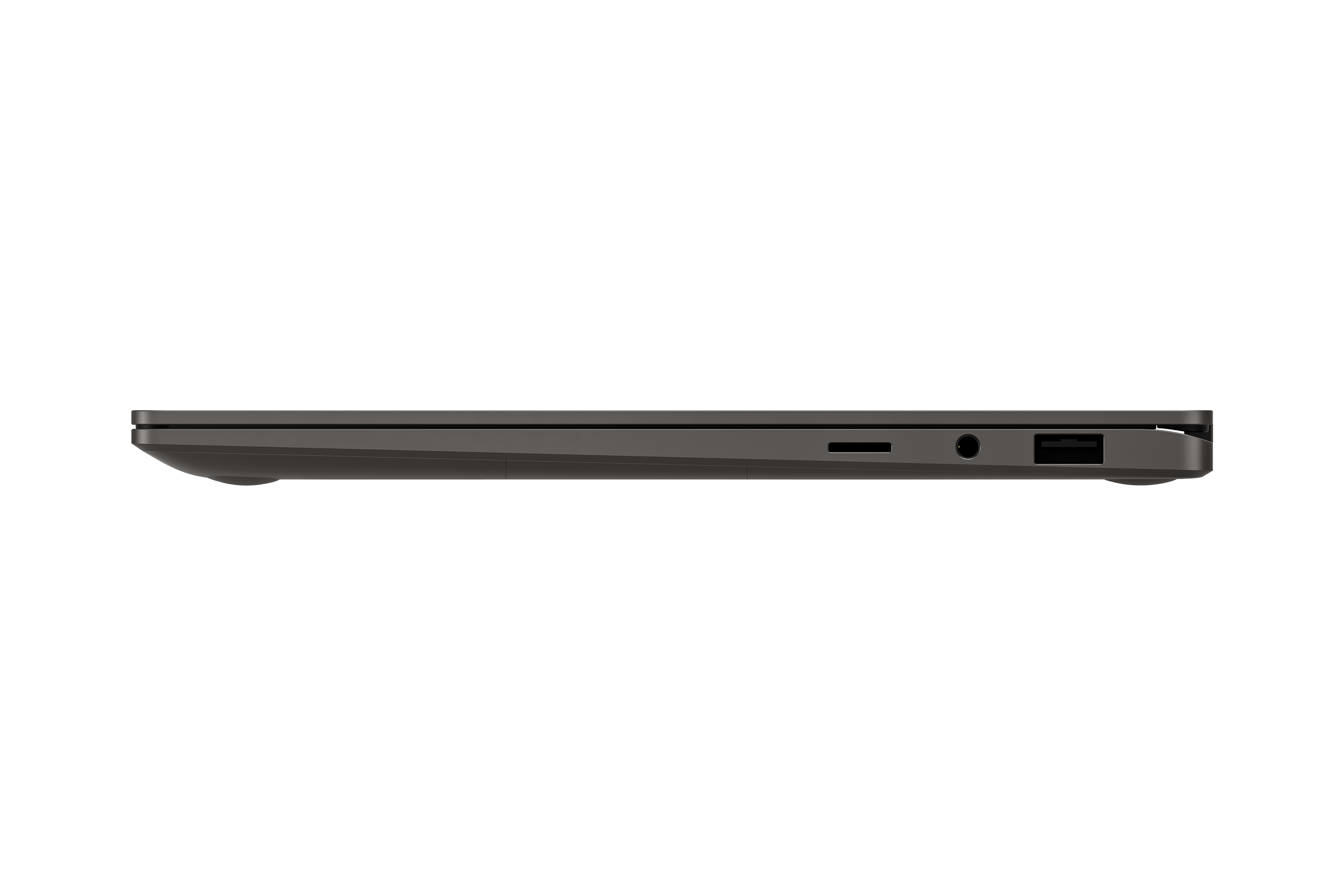 Vista laterale di un laptop grigio. Le porte sono visibili. Sfondo bianco semplice.