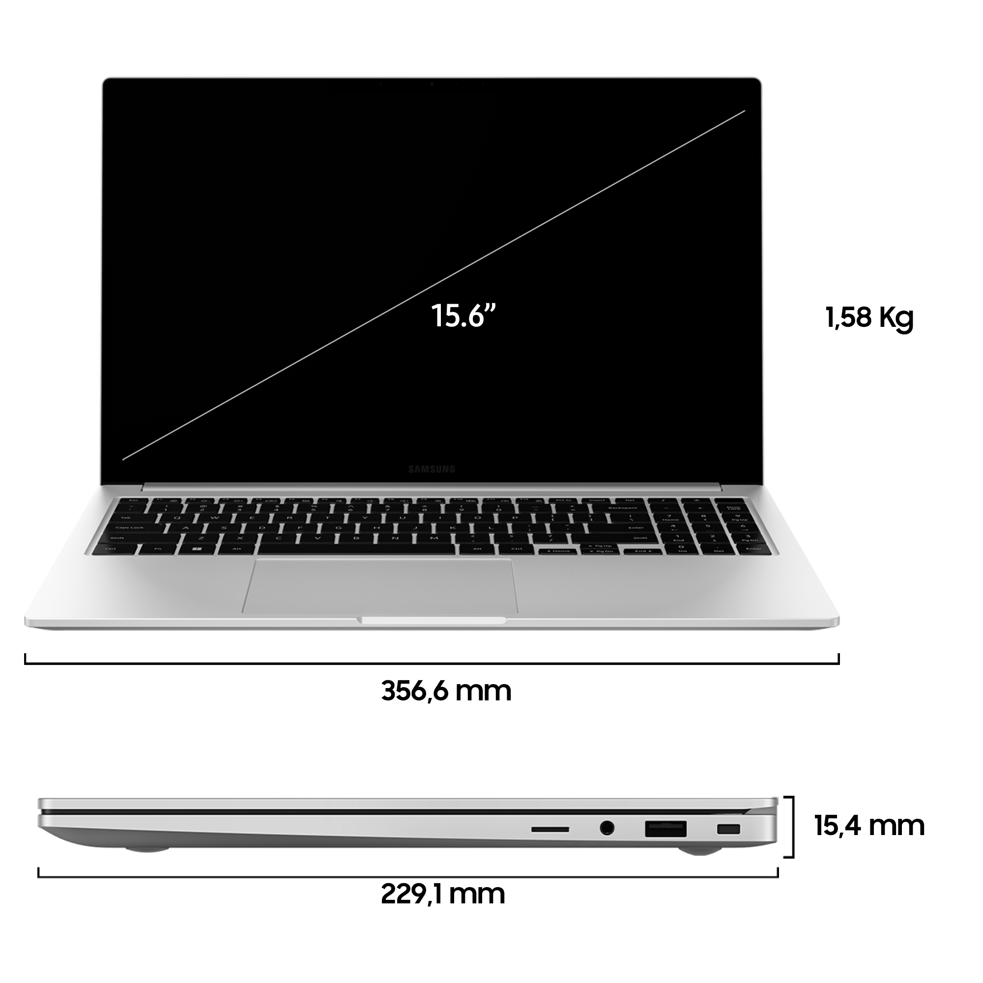 Laptop argentato con tastiera nera e dimensioni nel diagramma.