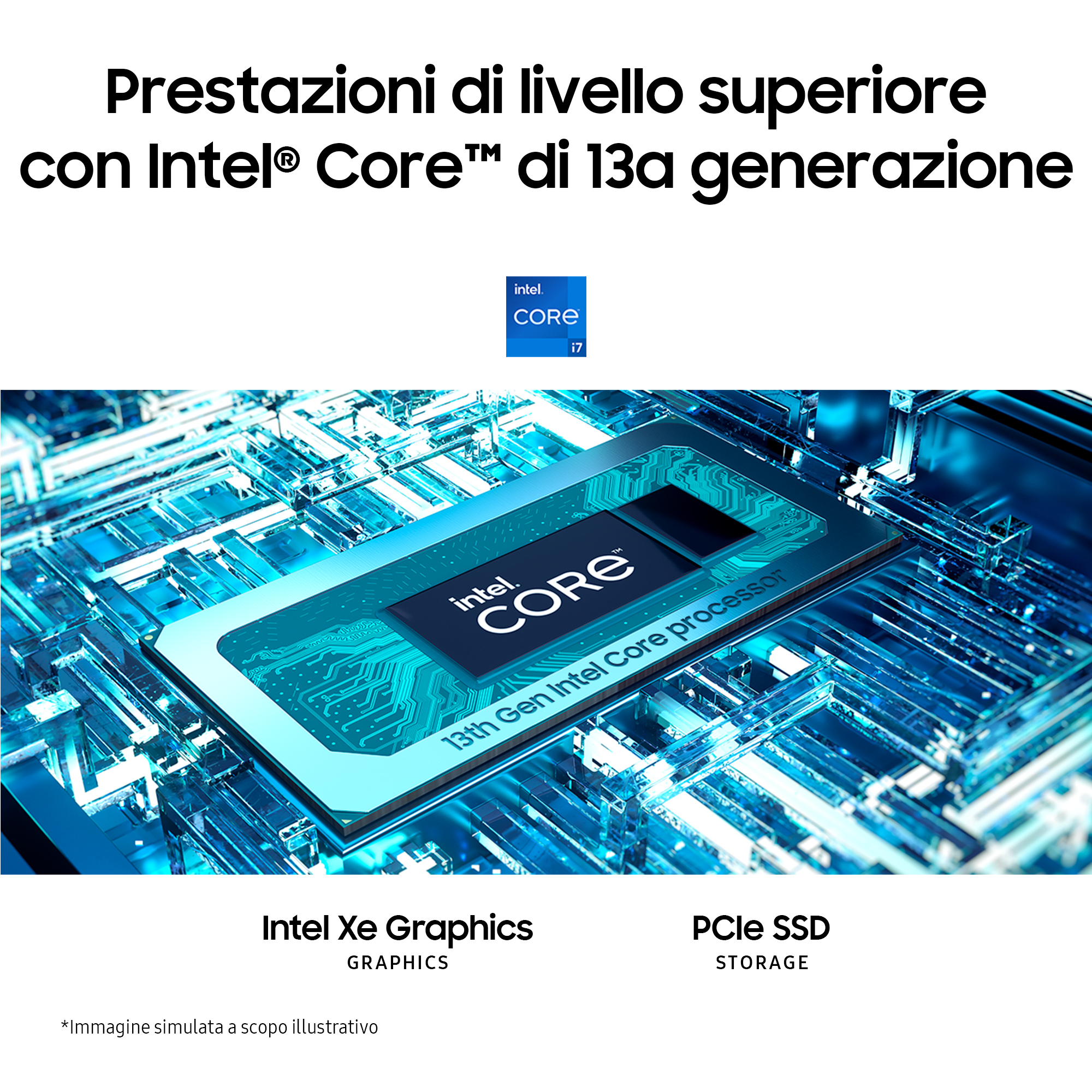 Un primo piano di un circuito con un processore Intel Core, dominano le tonalità blu e verde acqua.