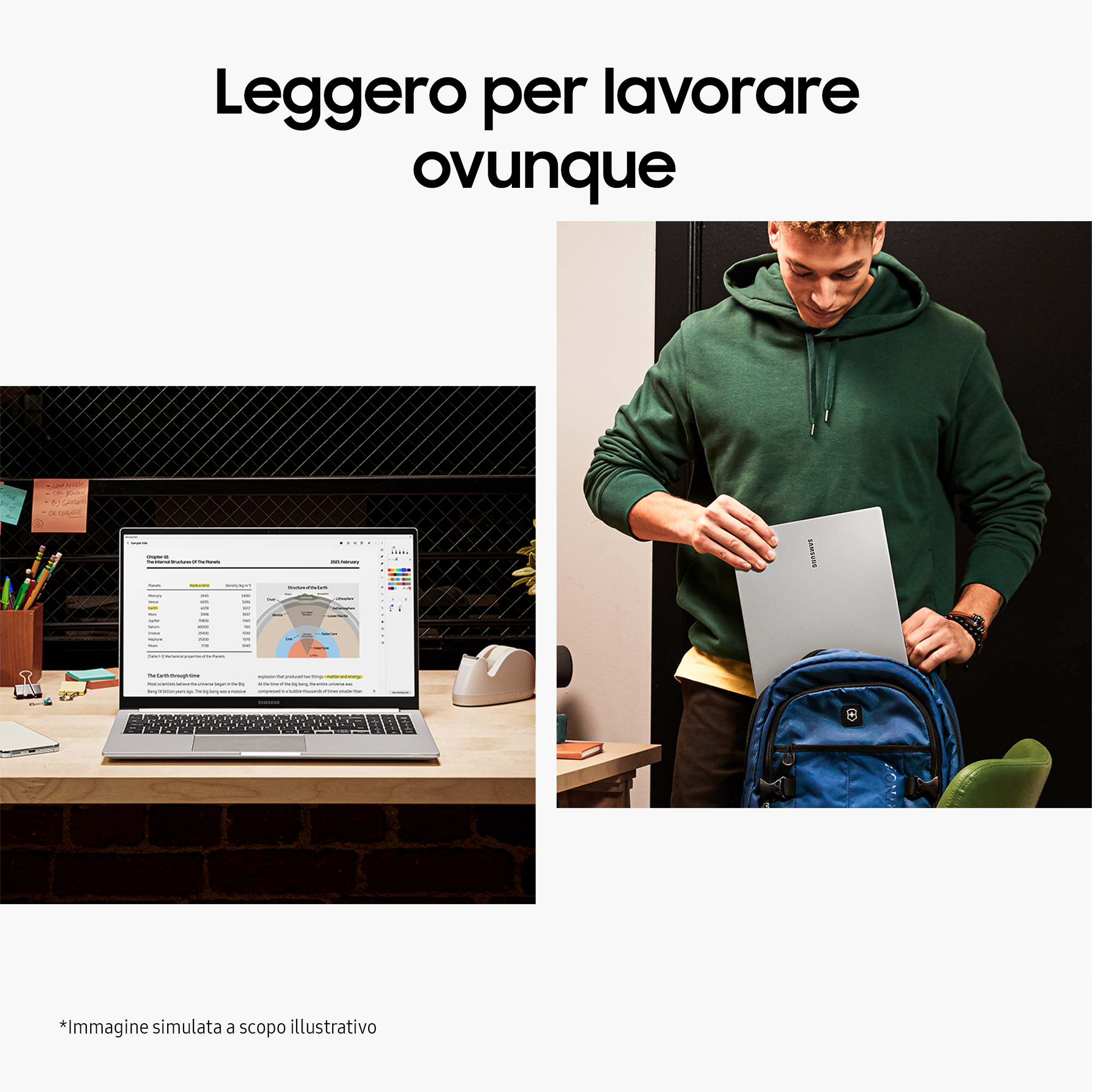 Uomo che tiene un laptop, con testo sopra, e un altro laptop su una scrivania.