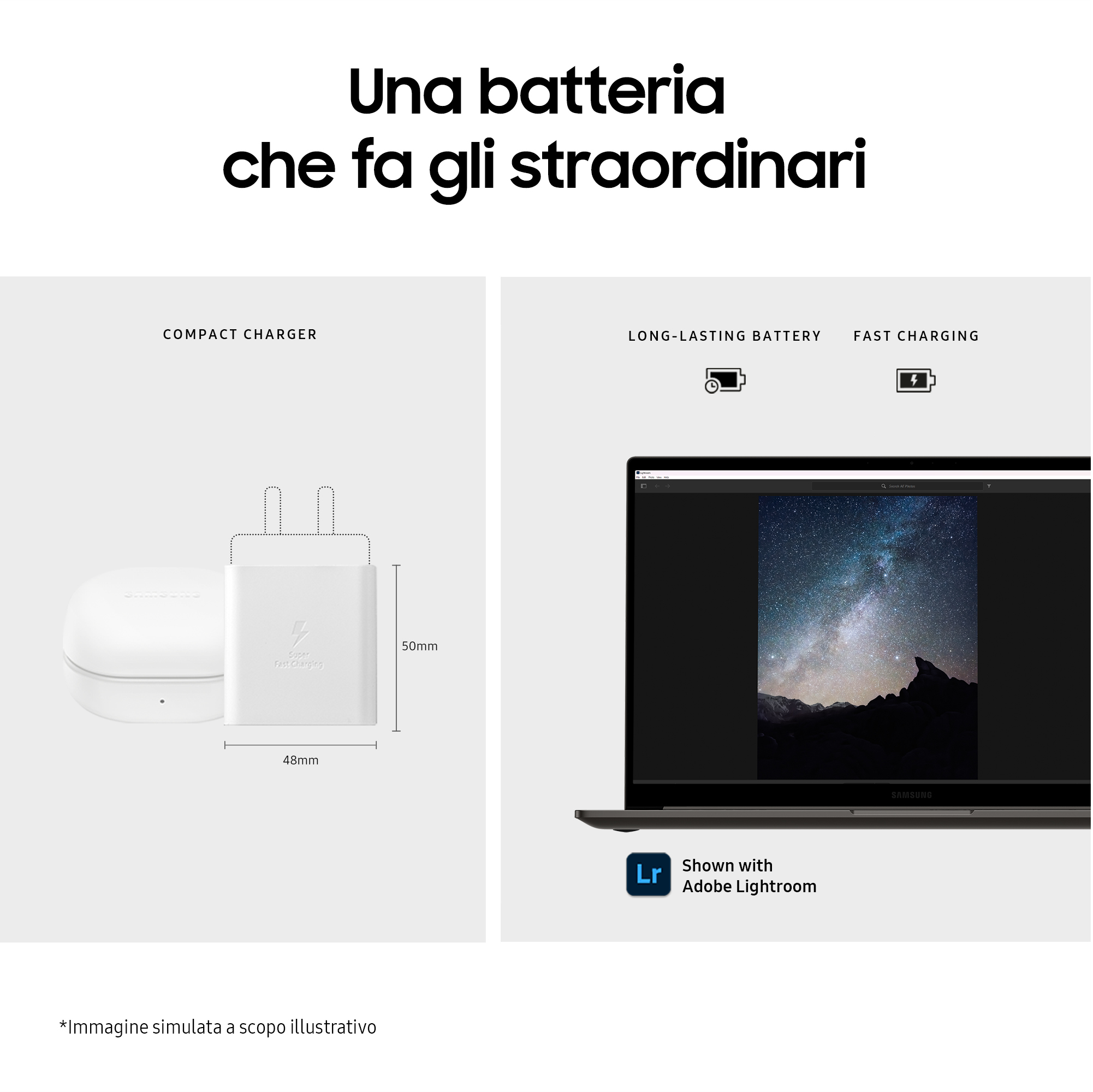 Una pubblicità mostra un caricabatterie, una batteria e un laptop con una foto del cielo notturno. Testo: Una batteria.