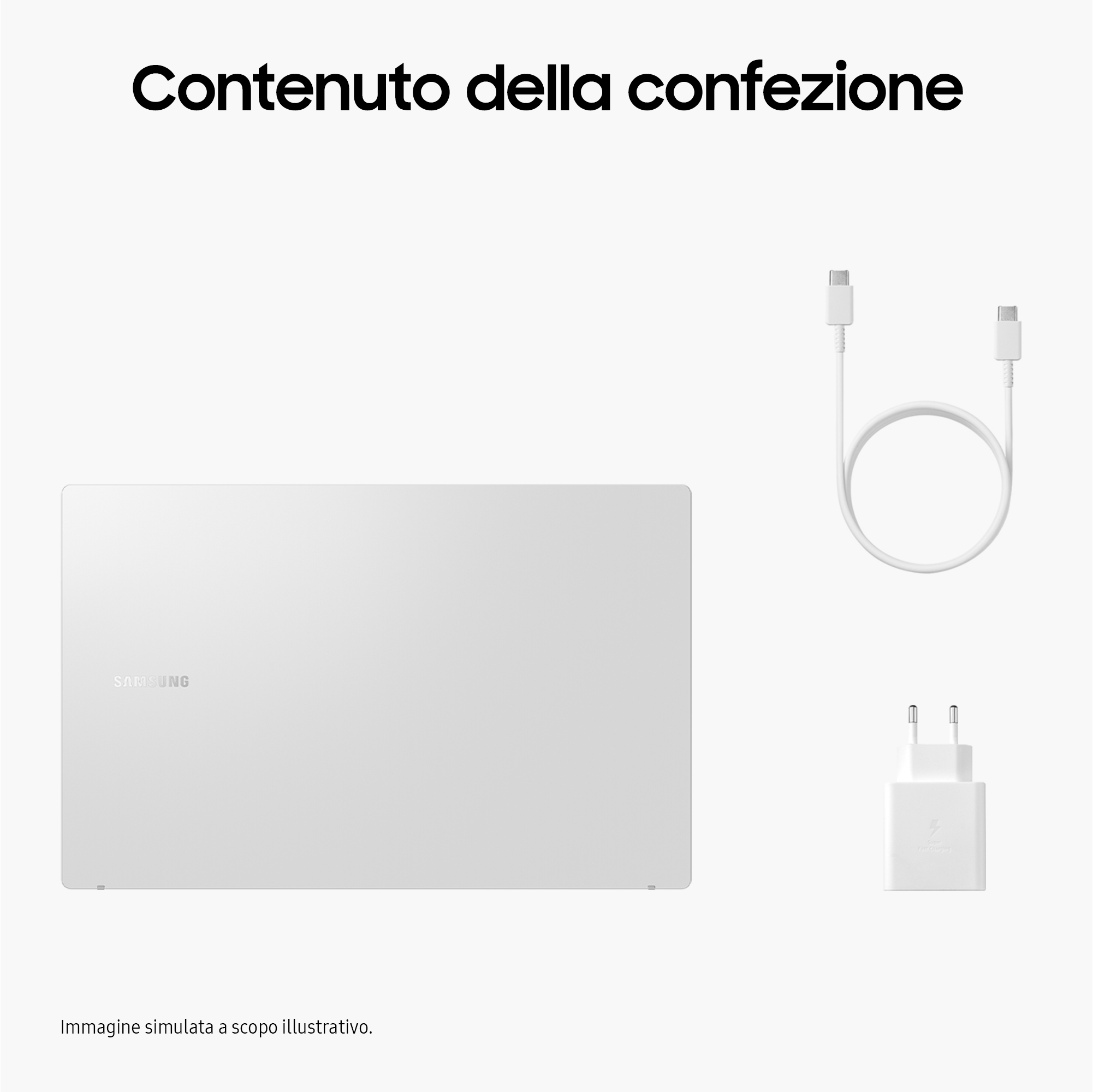 Laptop, caricabatterie e cavo bianchi su sfondo bianco, che suggeriscono un pacchetto prodotto.
