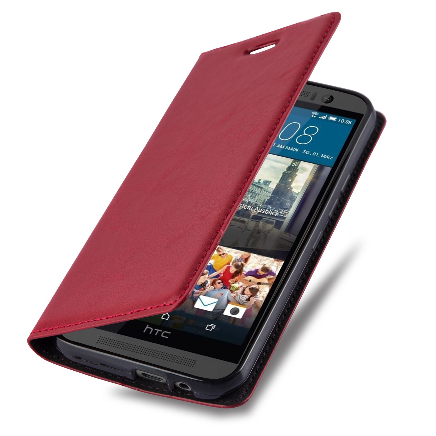 Funda roja con teléfono dentro. Funda abierta, revelando la pantalla del teléfono.