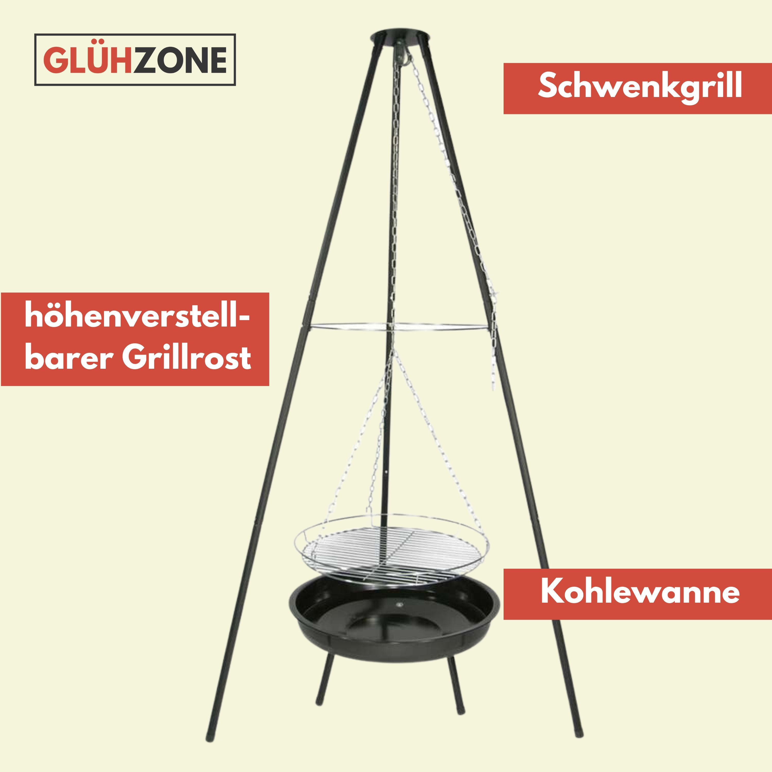Ein schwarzer Dreibeingrill mit Grillrost und Kohlepfanne vor hellem, orangefarbenem Hintergrund.