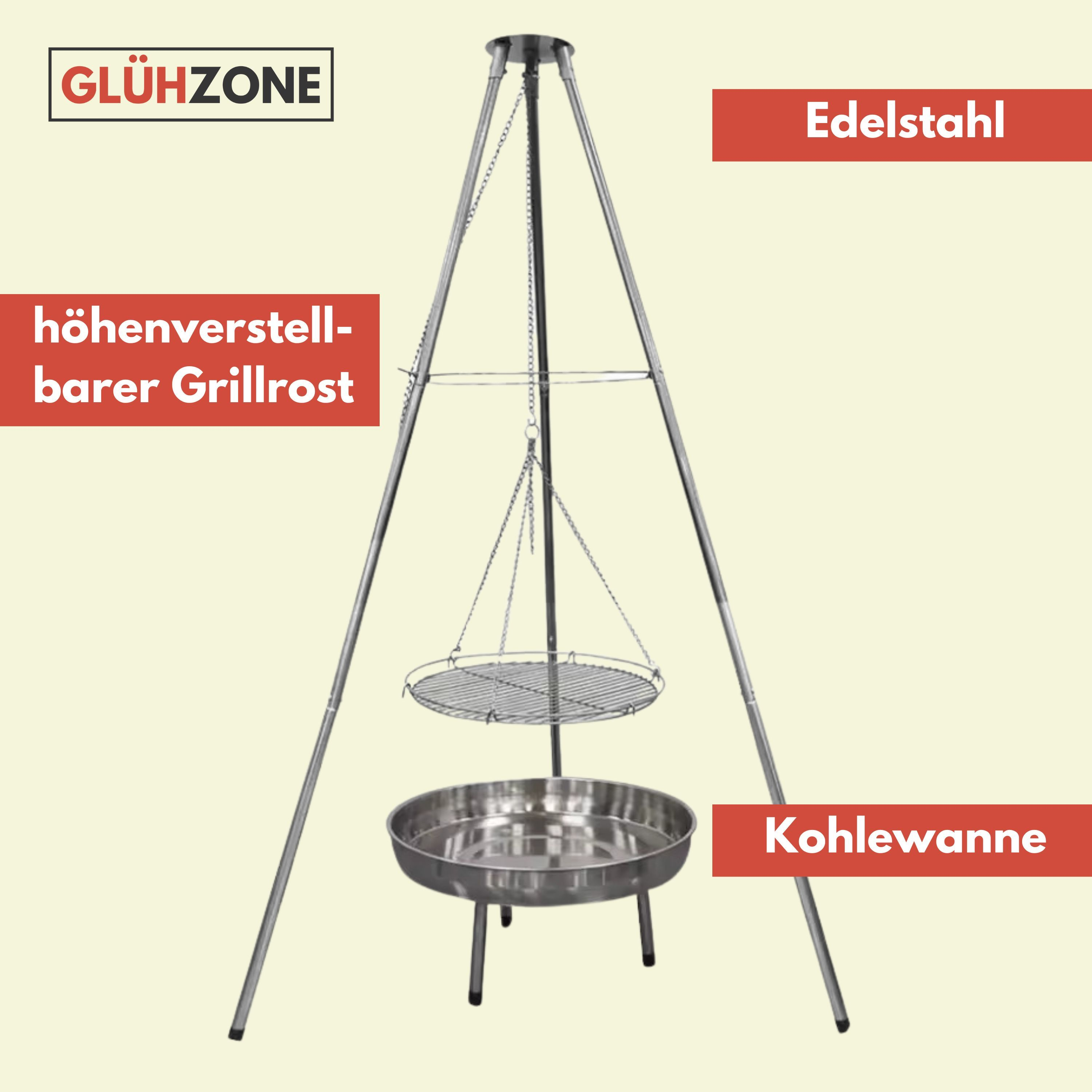 Ein Metall-Dreibein-Grillständer mit Grill und Feuerwanne wird vor hellgelbem Hintergrund gezeigt.