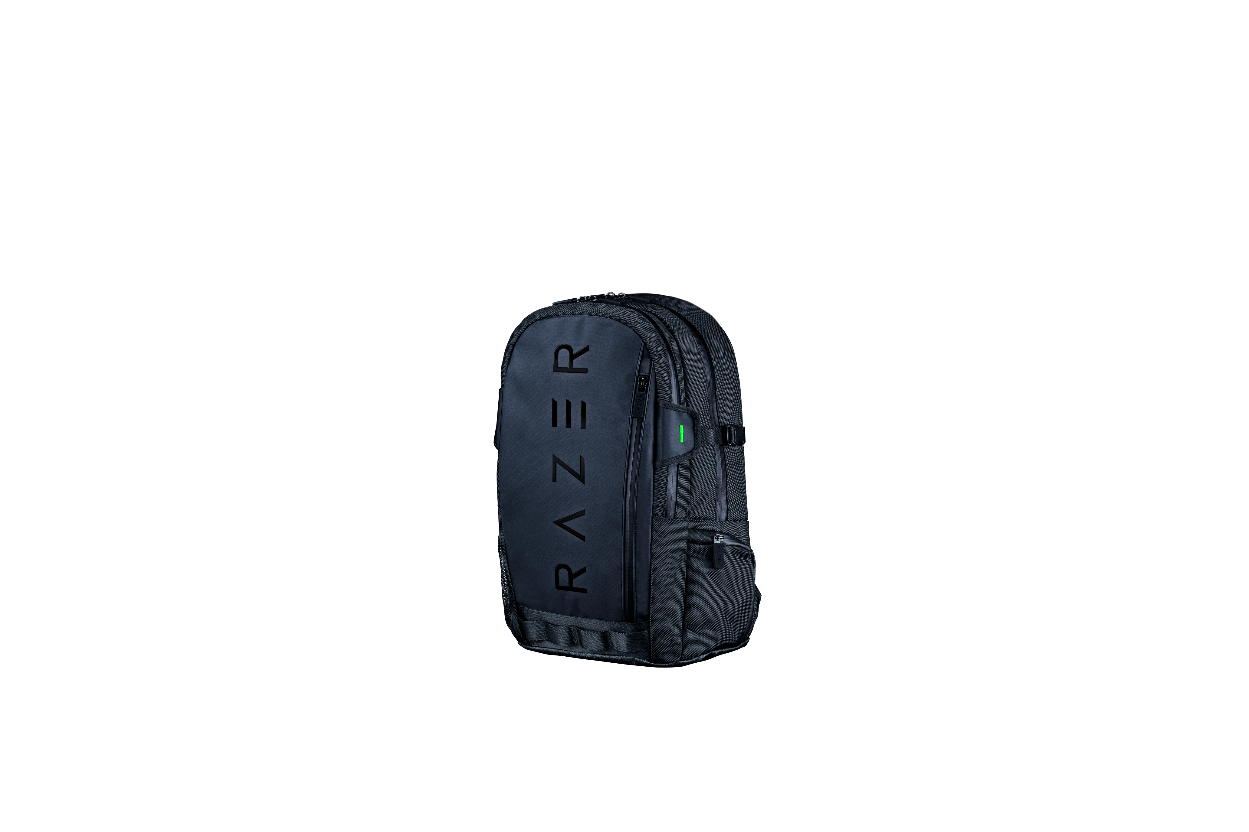 Zaino Razer nero con logo Razer, vista laterale. Sfondo bianco.