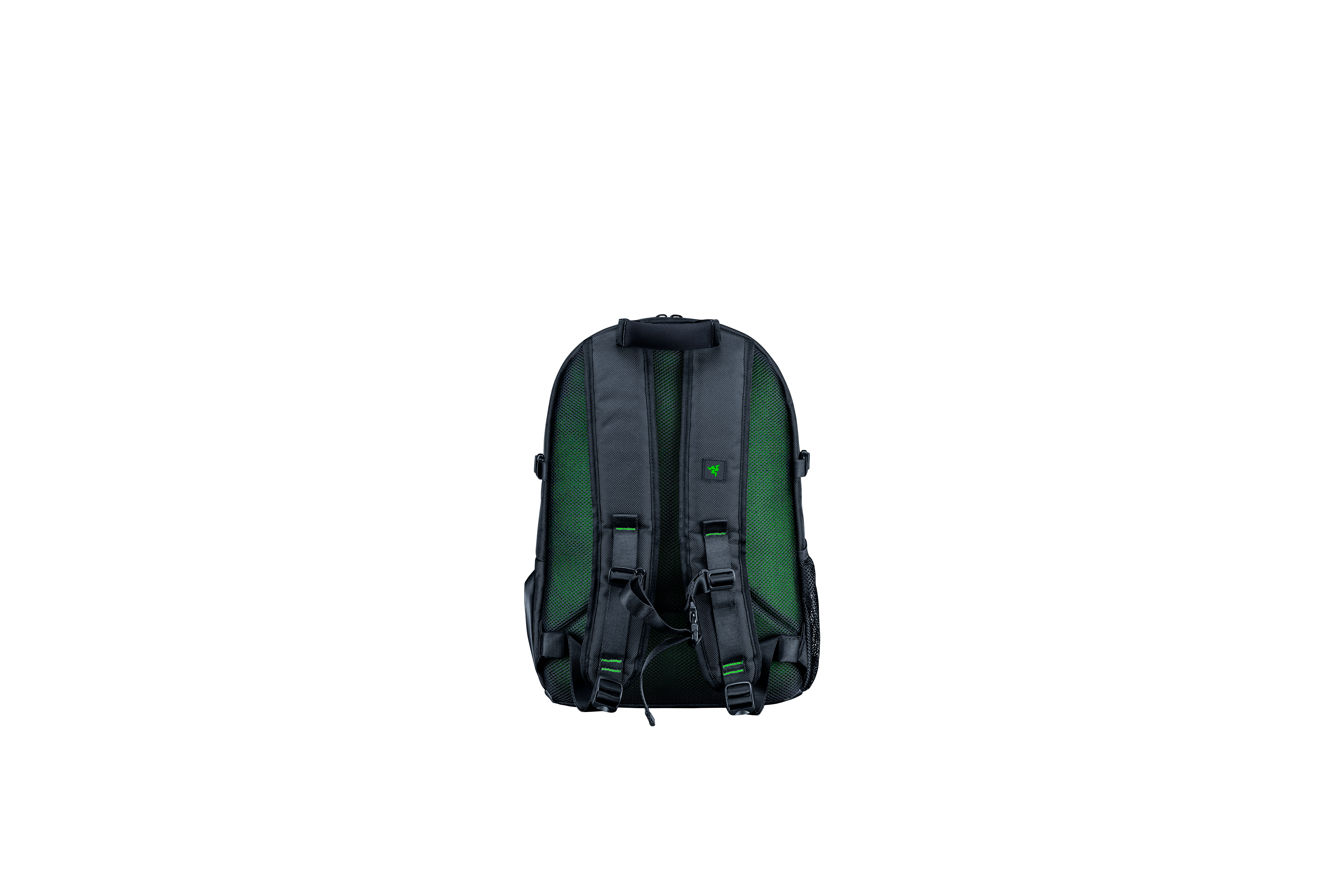 Backpack, Razer brand, back view. Gray and green color scheme. White background.
