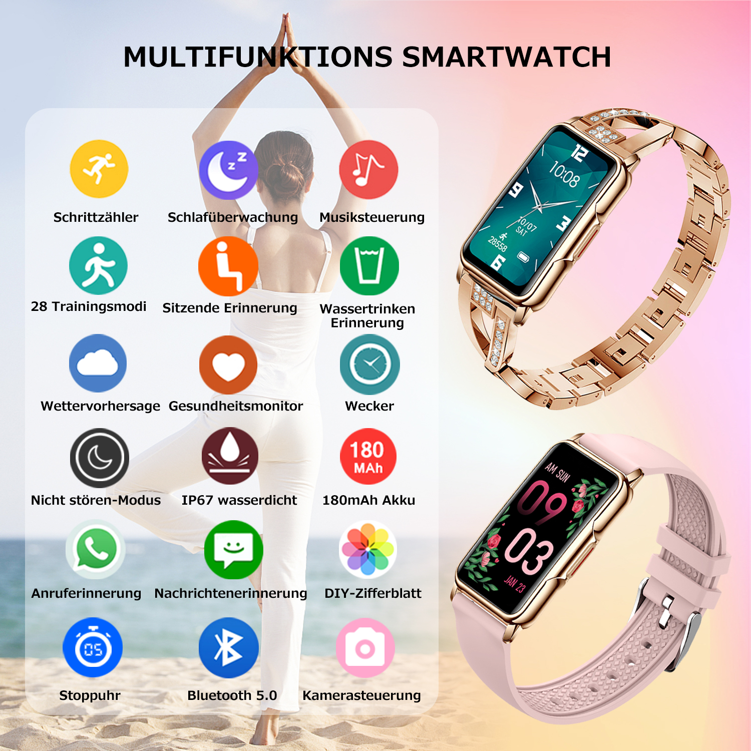 Smartwatch mit verschiedenen Funktionen. Im Hintergrund trainiert eine Frau.