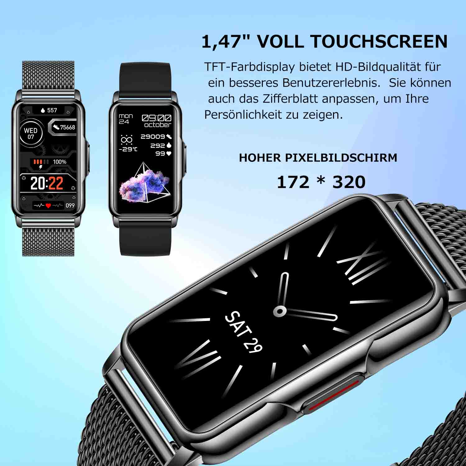 Drei Smartwatches mit unterschiedlichen Displays und Metallbändern vor weißem Hintergrund.