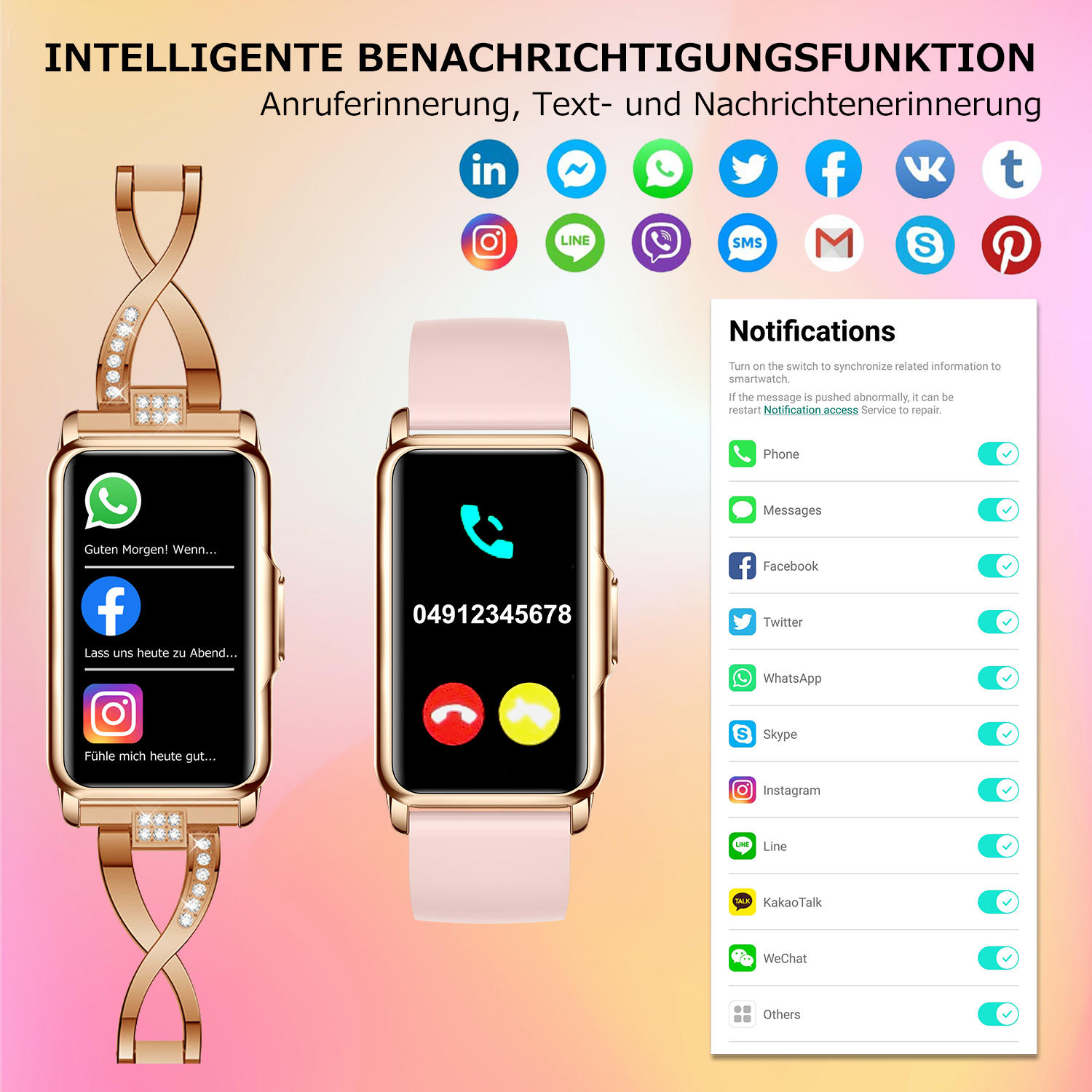 Smartwatch-Bildschirm mit Benachrichtigungen. Anzeige zeigt Anrufe, Nachrichten, Facebook, Twitter, WhatsApp und andere Apps.