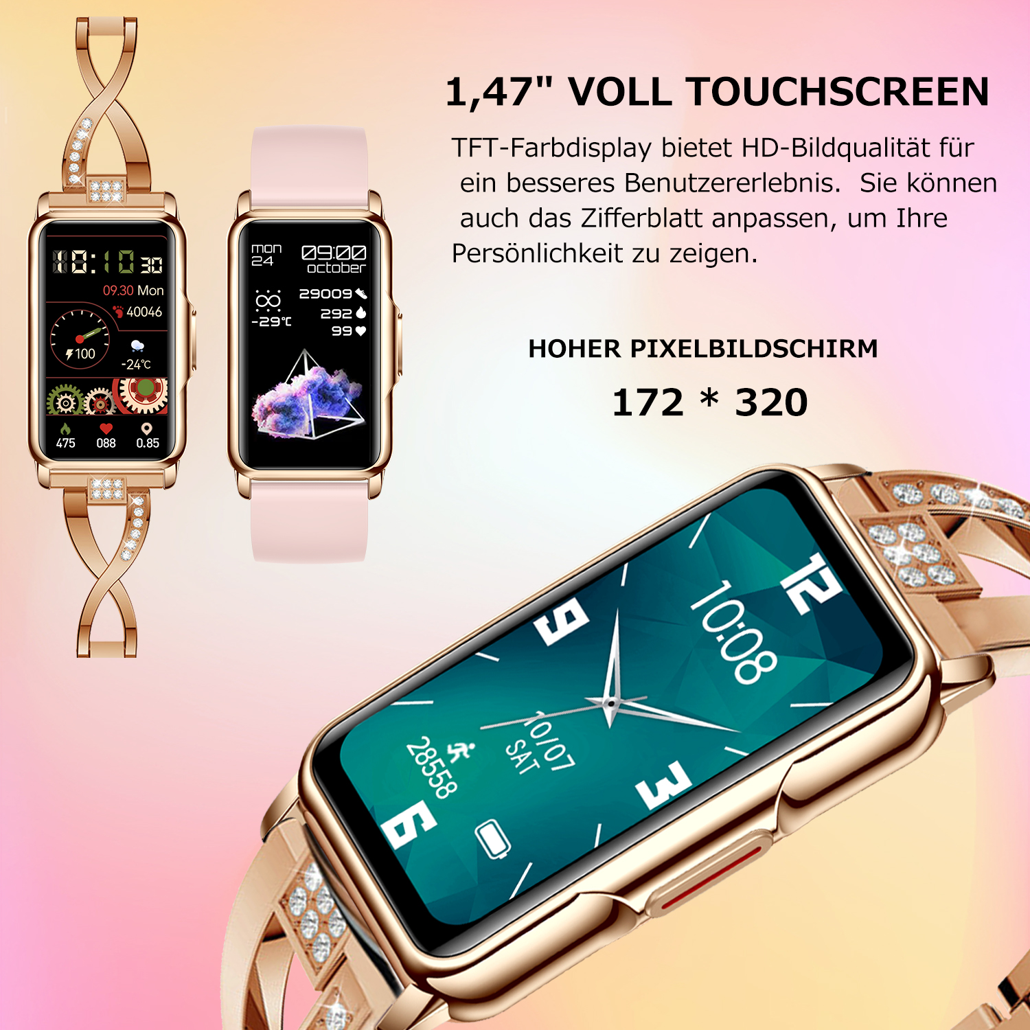 Drei Smartwatches. Zwei mit Anzeigen, eine mit einem diamantbesetzten Armband.