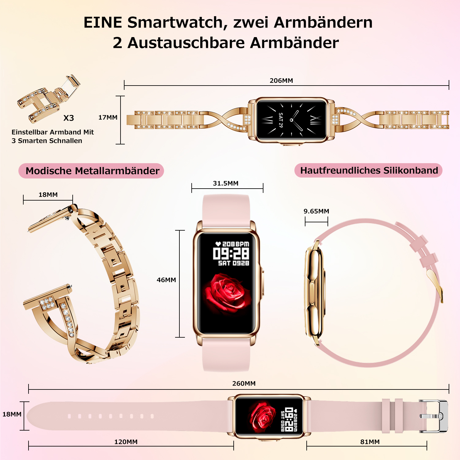 Smartwatch mit zwei Armbändern: ein Metallarmband und ein pinkfarbenes Silikonarmband. Abmessungen gezeigt.