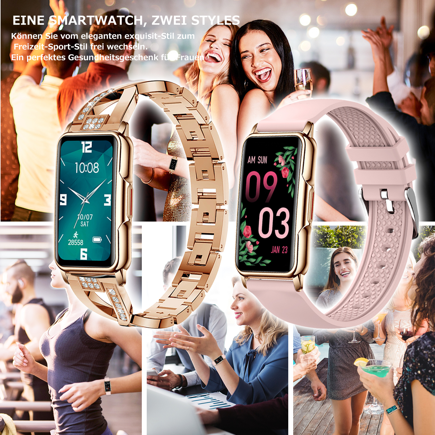 Zwei Smartwatches, eine goldene und eine rosa, mit Frauen, die sie tragen, und Personen im Hintergrund.