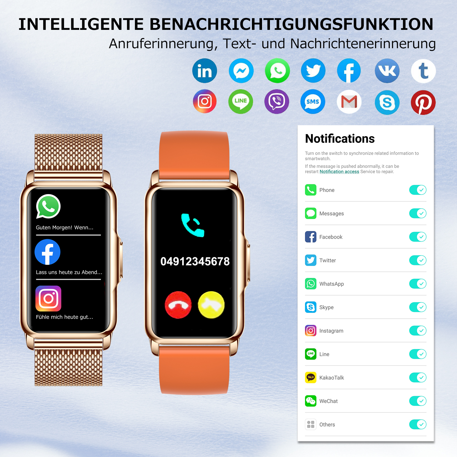 Smartwatches mit orangefarbenen und goldenen Armbändern, die Benachrichtigungen von verschiedenen Apps anzeigen.