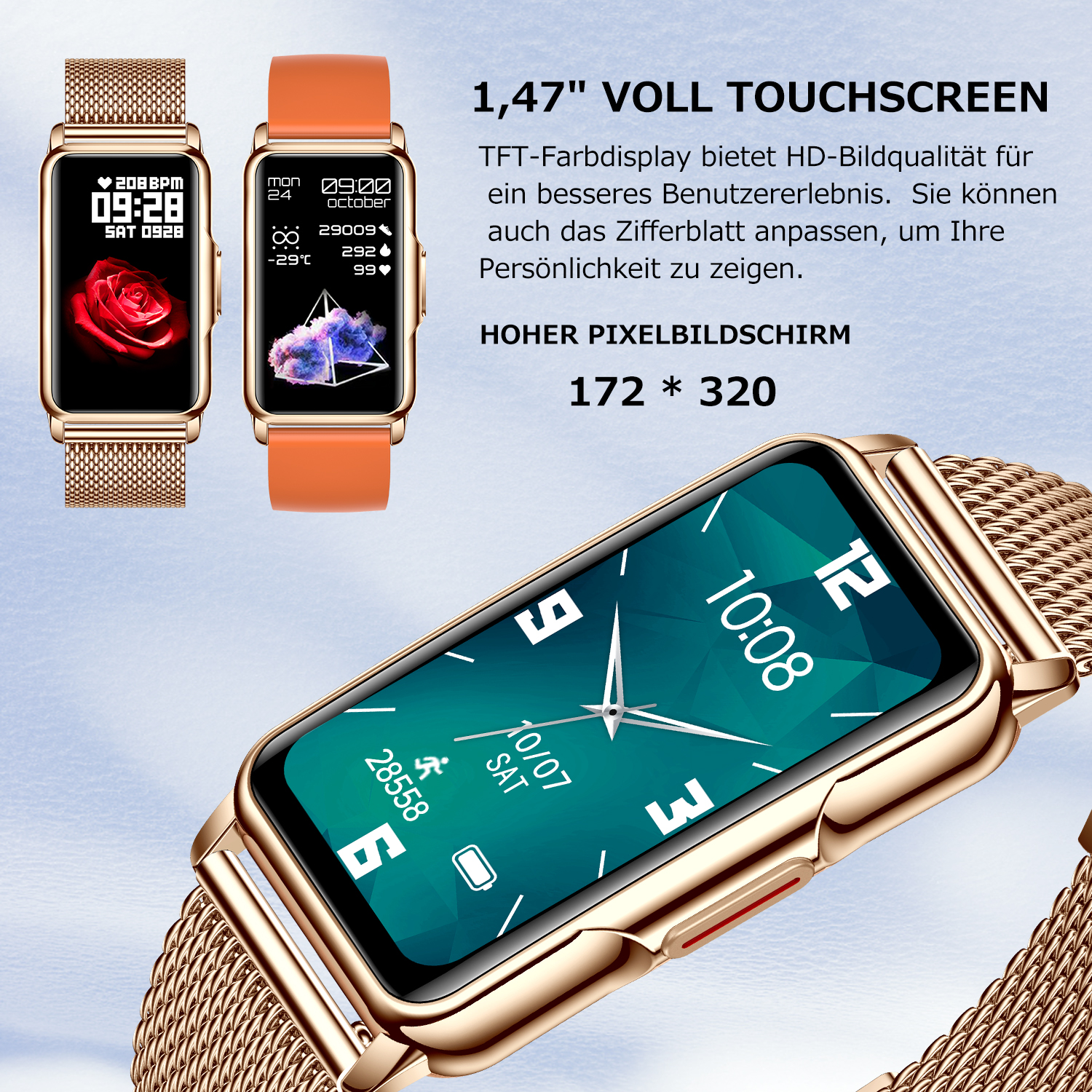 Smartwatch mit zwei Bildschirmen, die Zeit, Herzfrequenz und Rose anzeigen. Text überlagert.