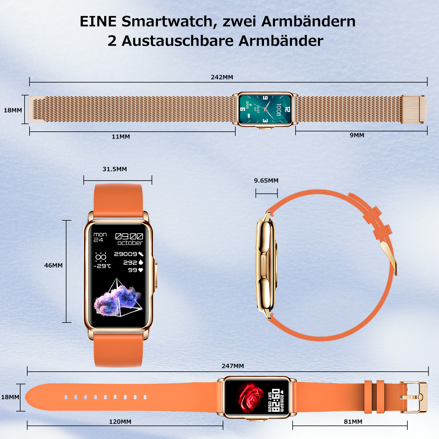 Smartwatch mit zwei verschiedenen Armbändern. Eines ist ein Metallgeflecht, das andere orange.