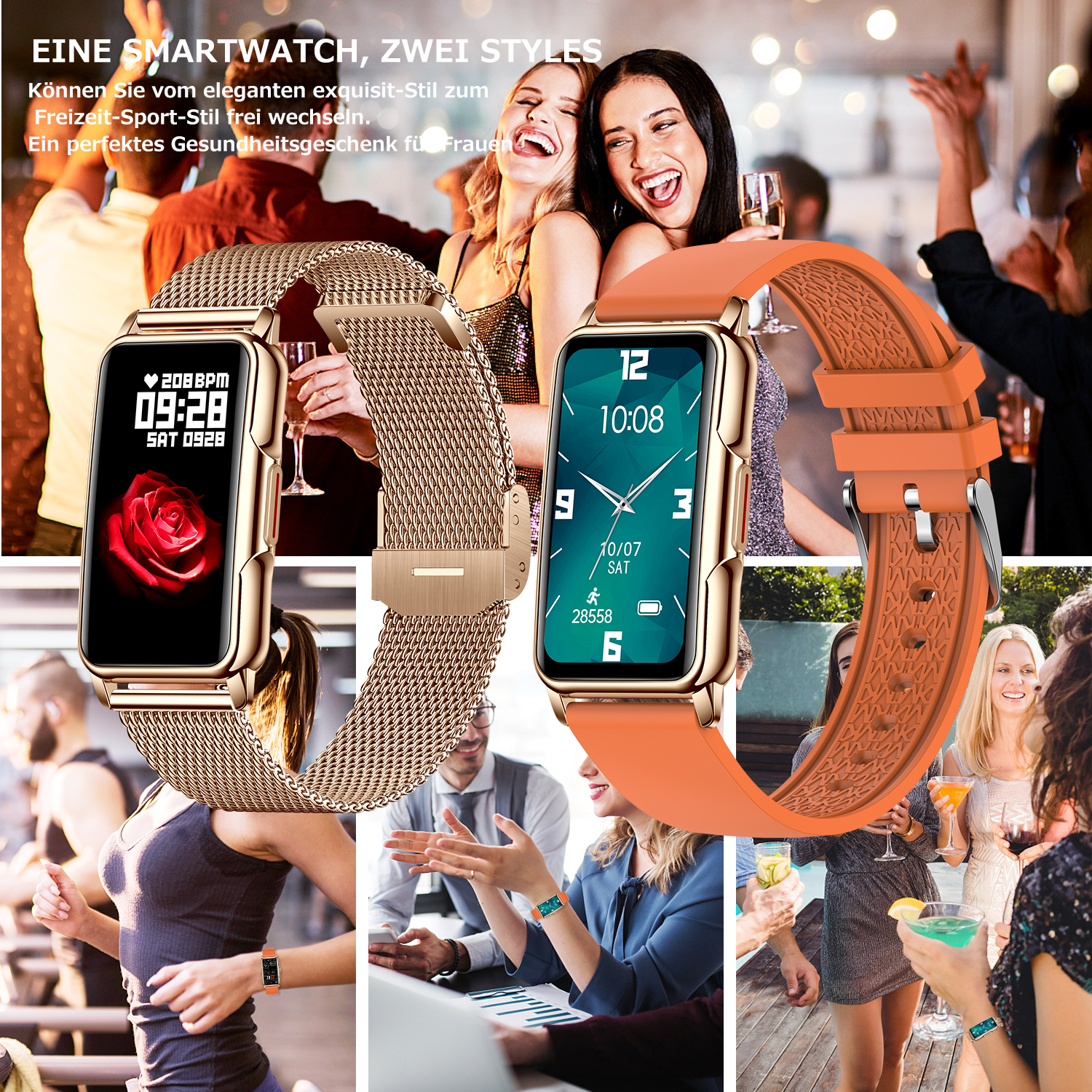 Zwei Smartwatches, eine mit goldenem Armband und eine mit orangefarbenem Armband.