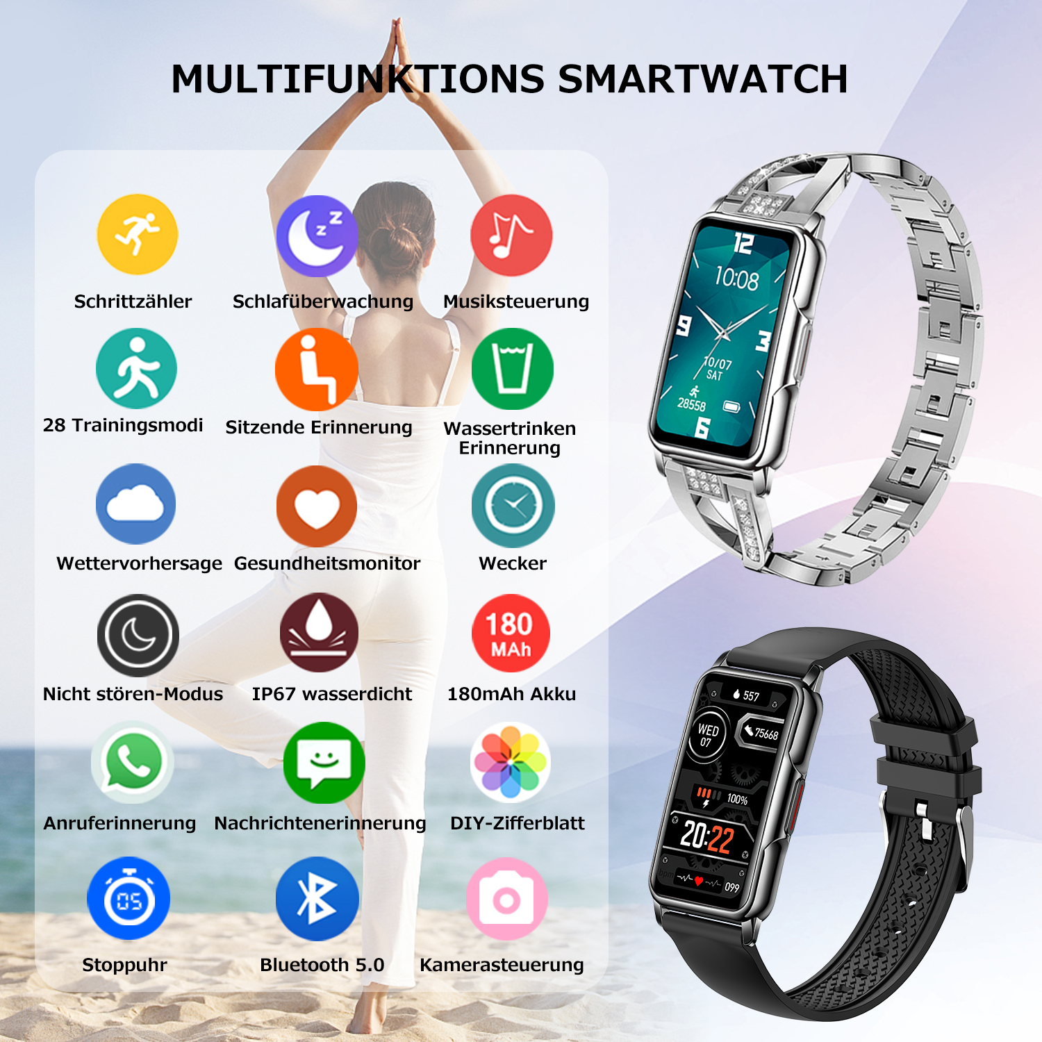 Smartwatch mit verschiedenen Symbolen und zwei Uhren.