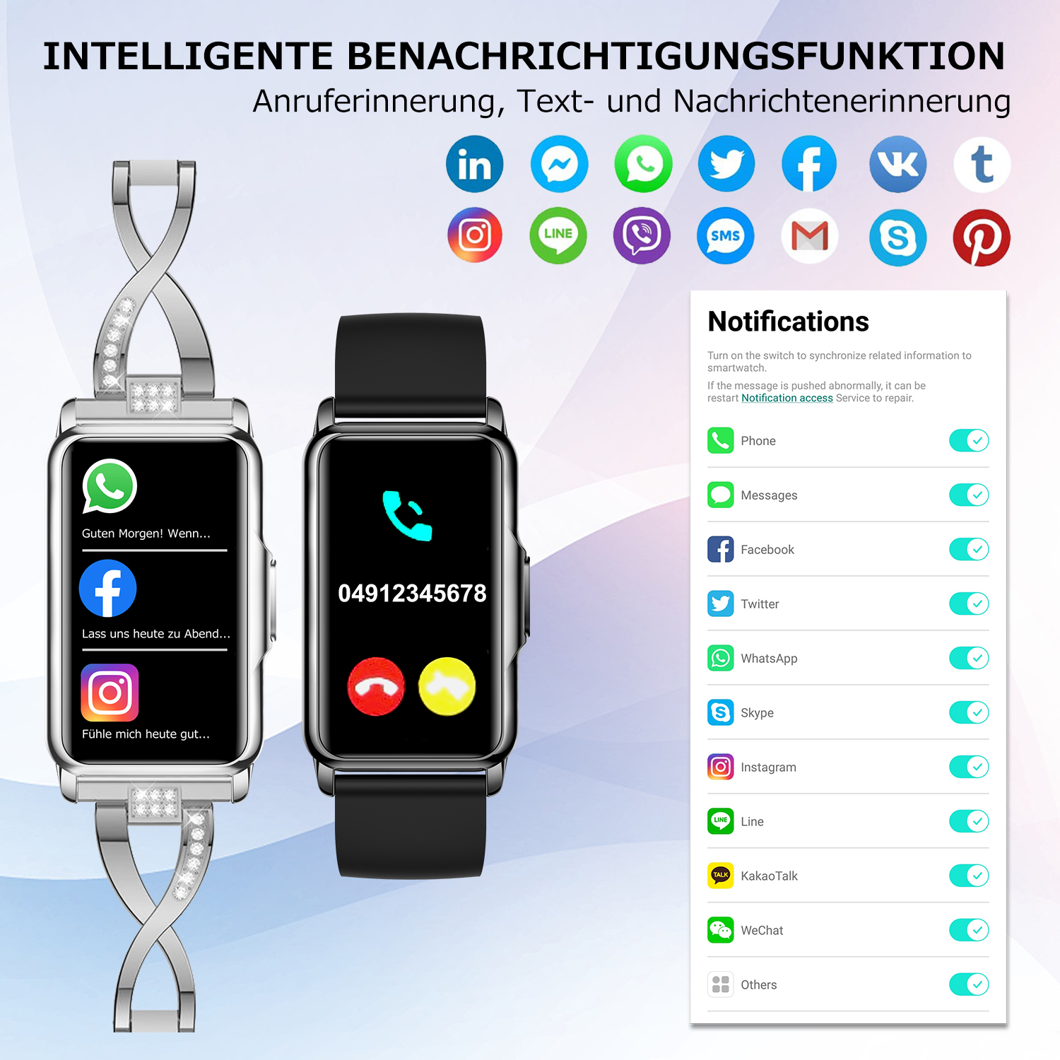 Zwei Smartwatches zeigen Benachrichtigungen von Social-Media-Apps und eine Liste von Apps mit Schaltern zum Aktivieren von Benachrichtigungen.