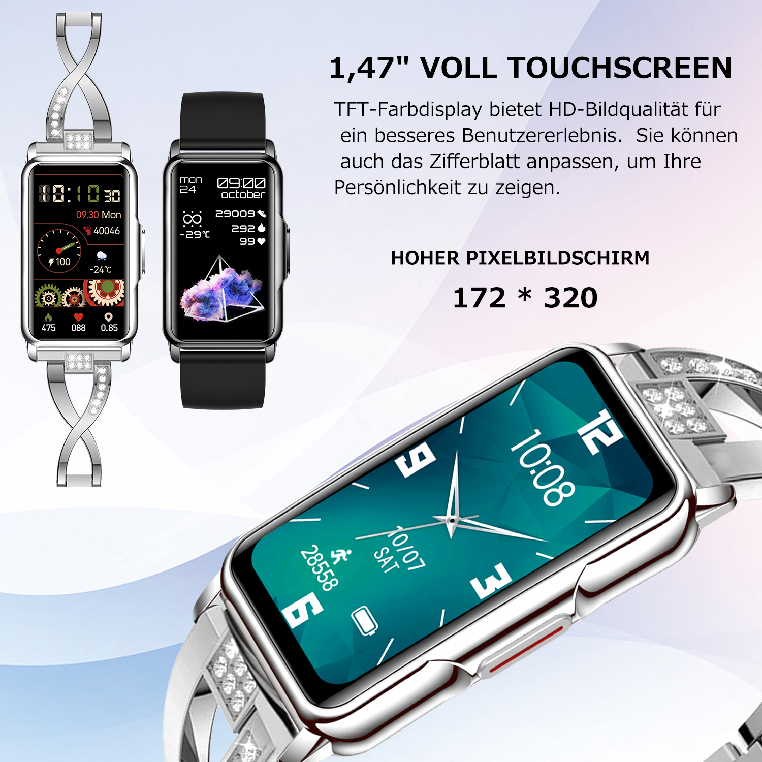 Smartwatch mit silbernem Armband, Anzeige von Zeit und Gesundheitsmetriken. Zwei Uhren sind abgebildet.