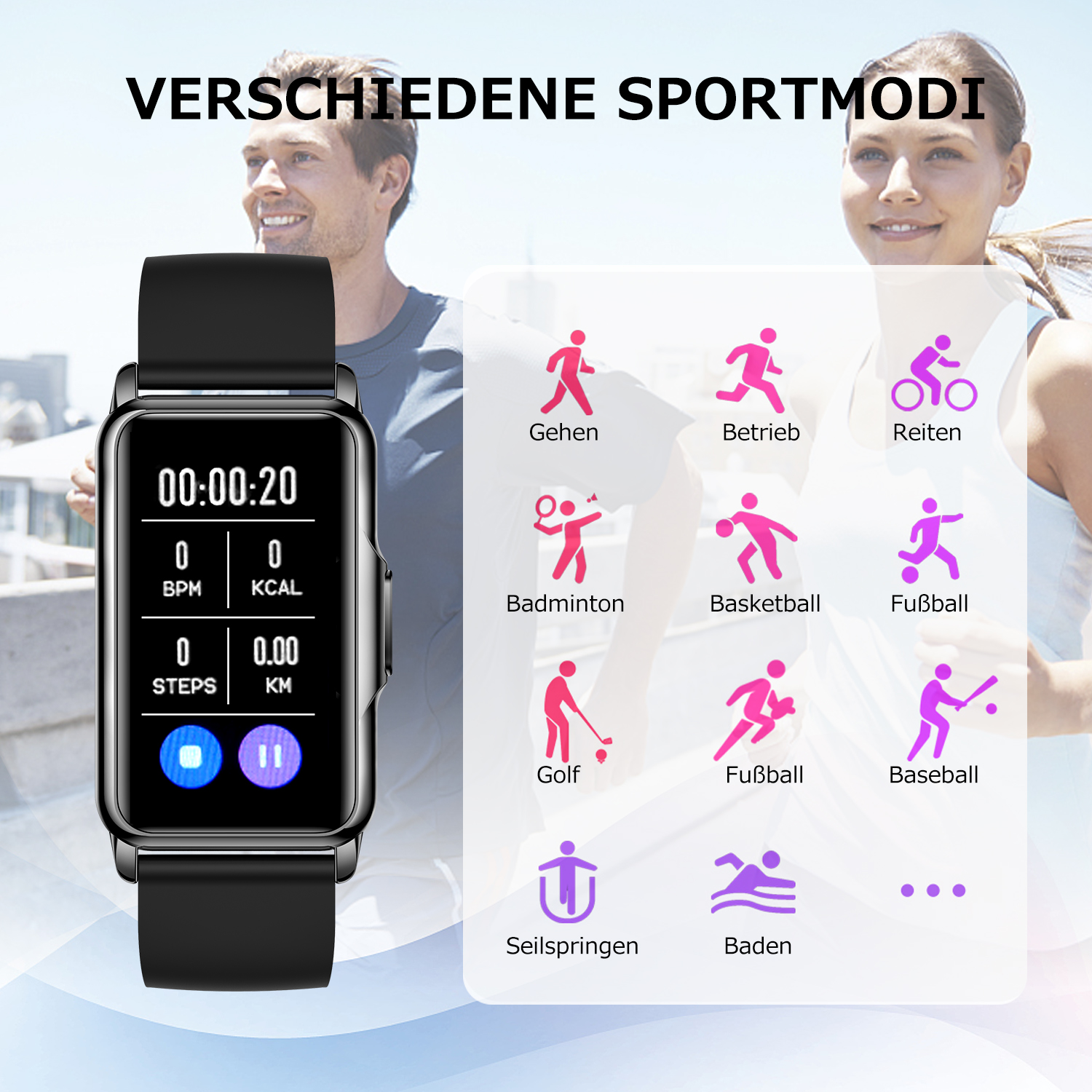 Smartwatch mit Anzeige von Zeit, BPM, Schritten und Kalorien, mit Sportmodus-Symbolen.