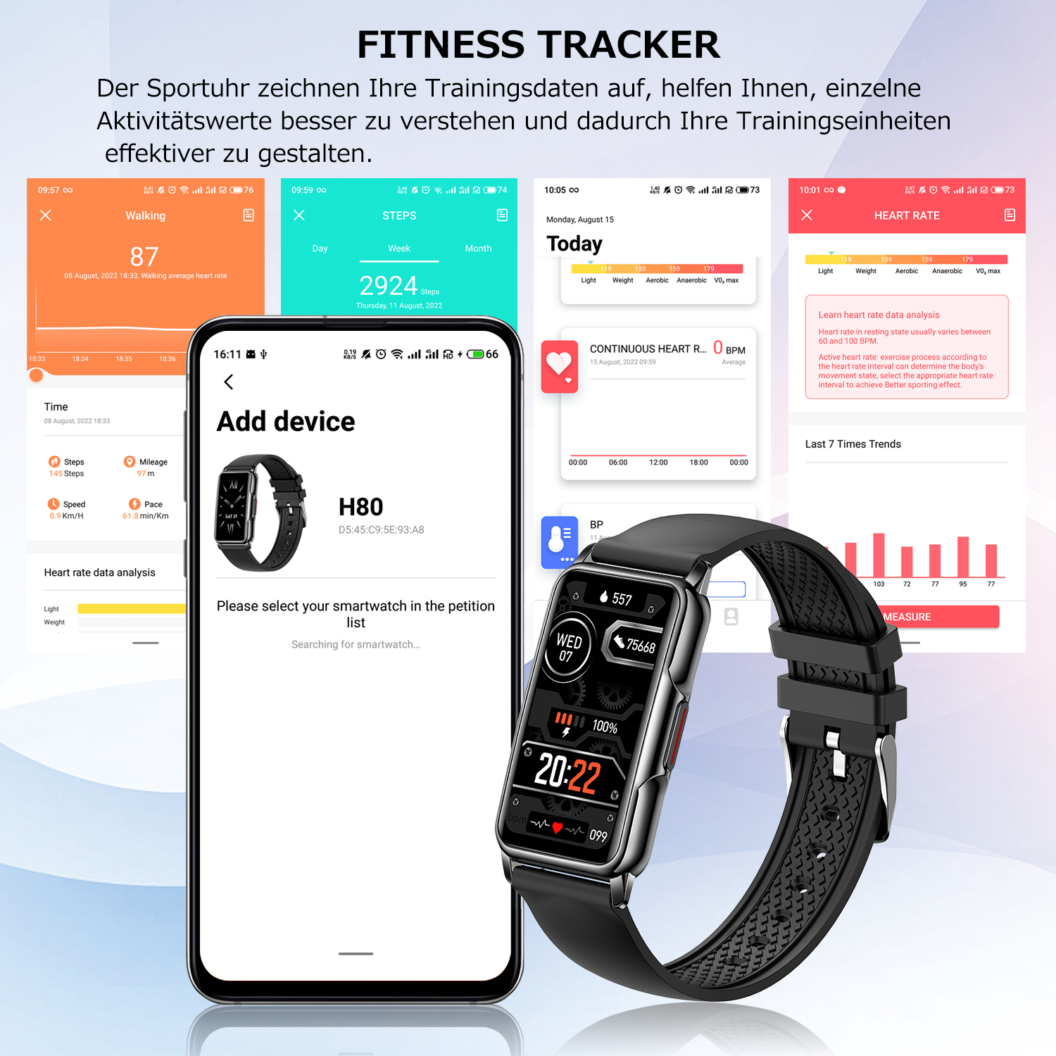 Smartwatch mit Fitnessdaten auf dem Bildschirm. Mehrere Bildschirme zeigen Schritte, Herzfrequenz und mehr.