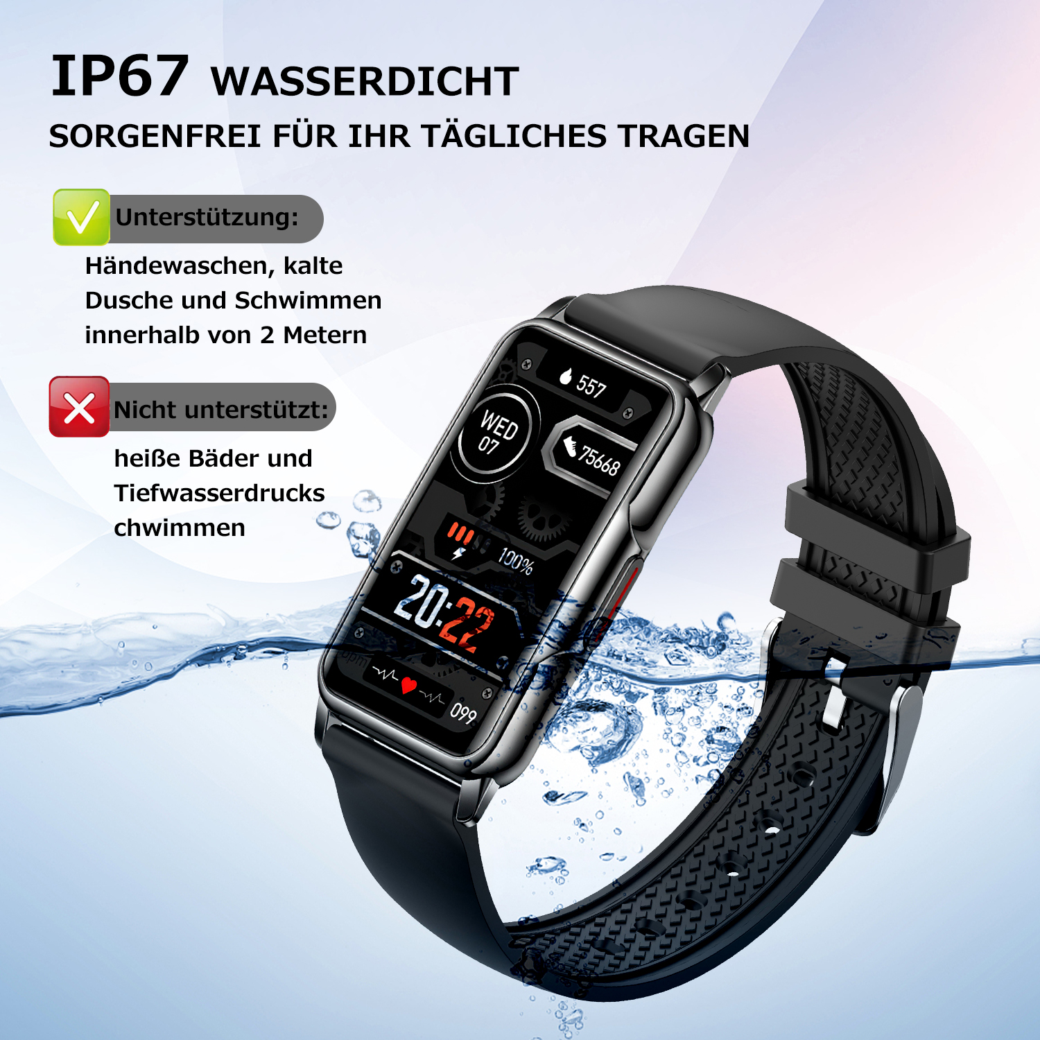 Schwarze Smartwatch im Wasser, zeigt Zeit und Herzfrequenz, wasserdicht IP67.
