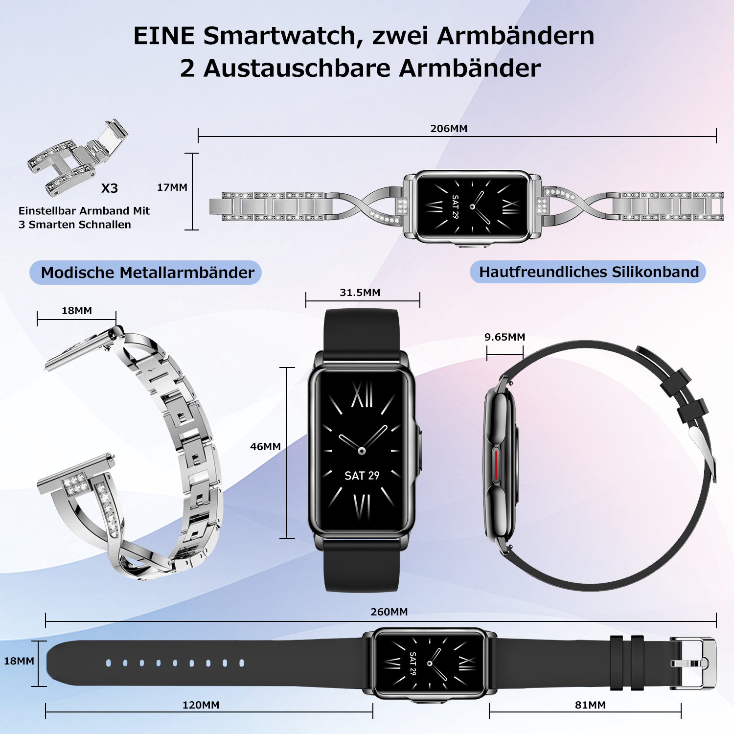Ein Bild, das eine Smartwatch, zwei Armbänder und Abmessungen zeigt. Die Smartwatch ist schwarz mit einem schwarzen Armband.
