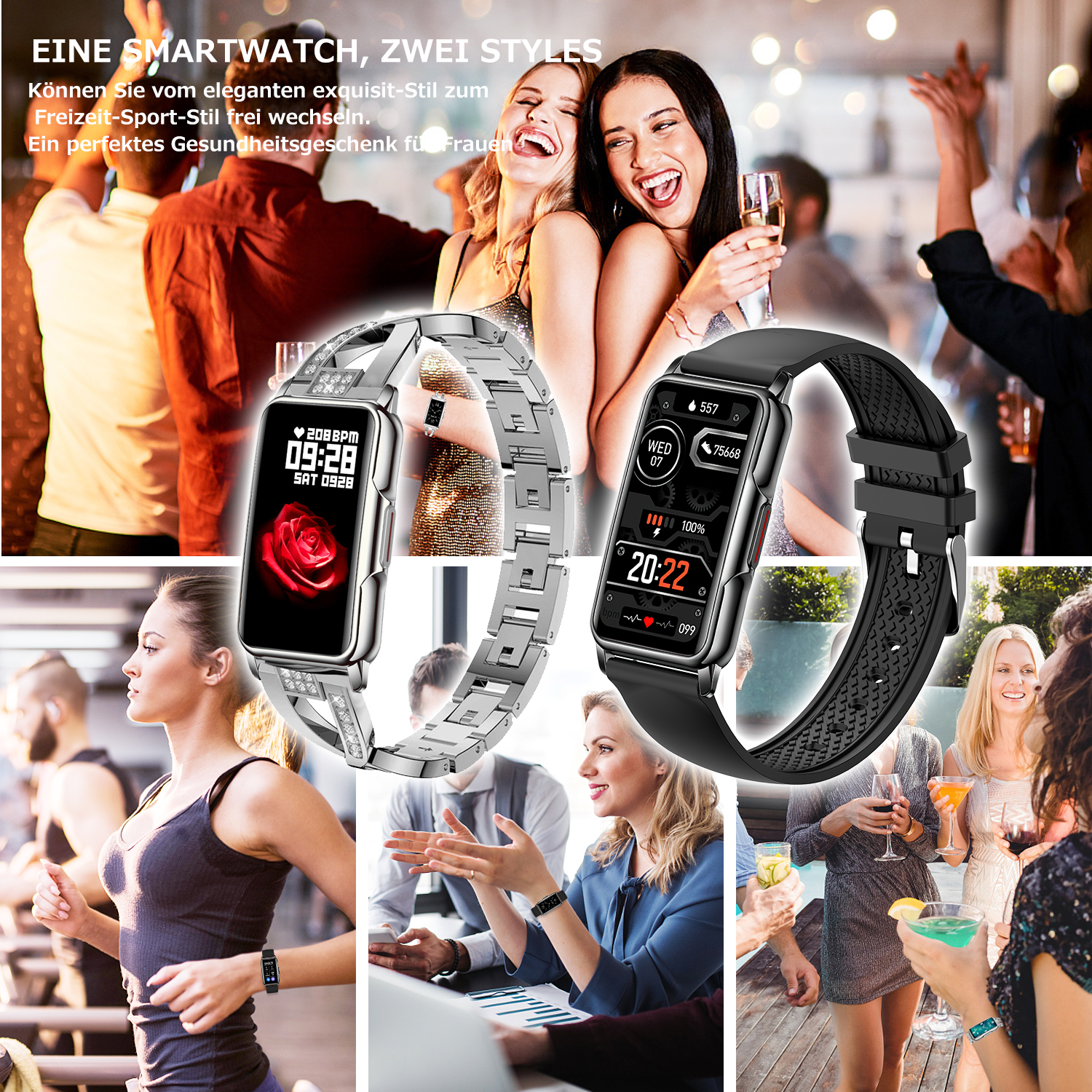 Eine Smartwatch mit silbernem Armband links und eine Uhr mit schwarzem Armband rechts. Menschen tragen sie.