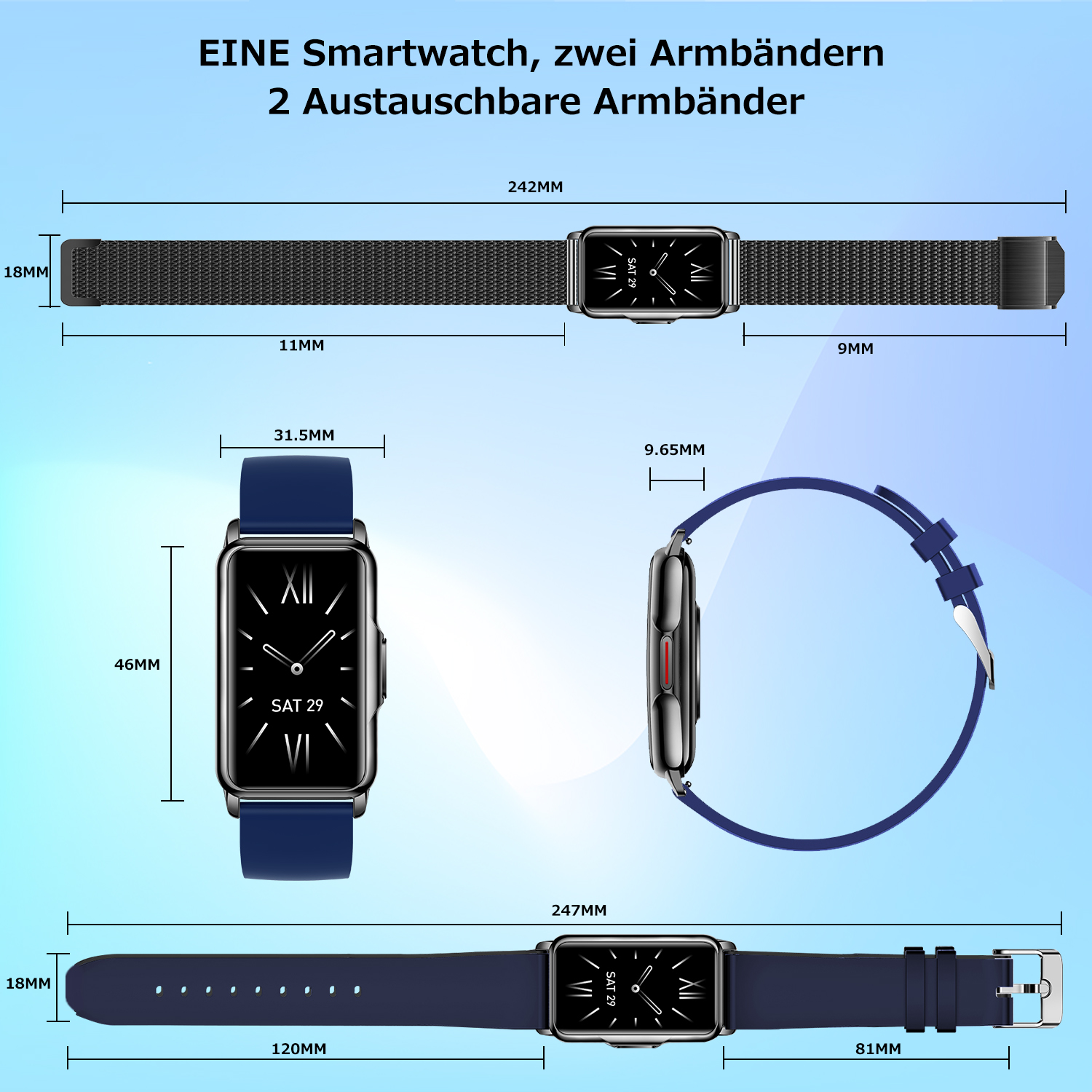 Diagramm von Smartwatches mit Messungen. Enthält Abmessungen und Optionen für Metallgeflecht und blaue Bänder.