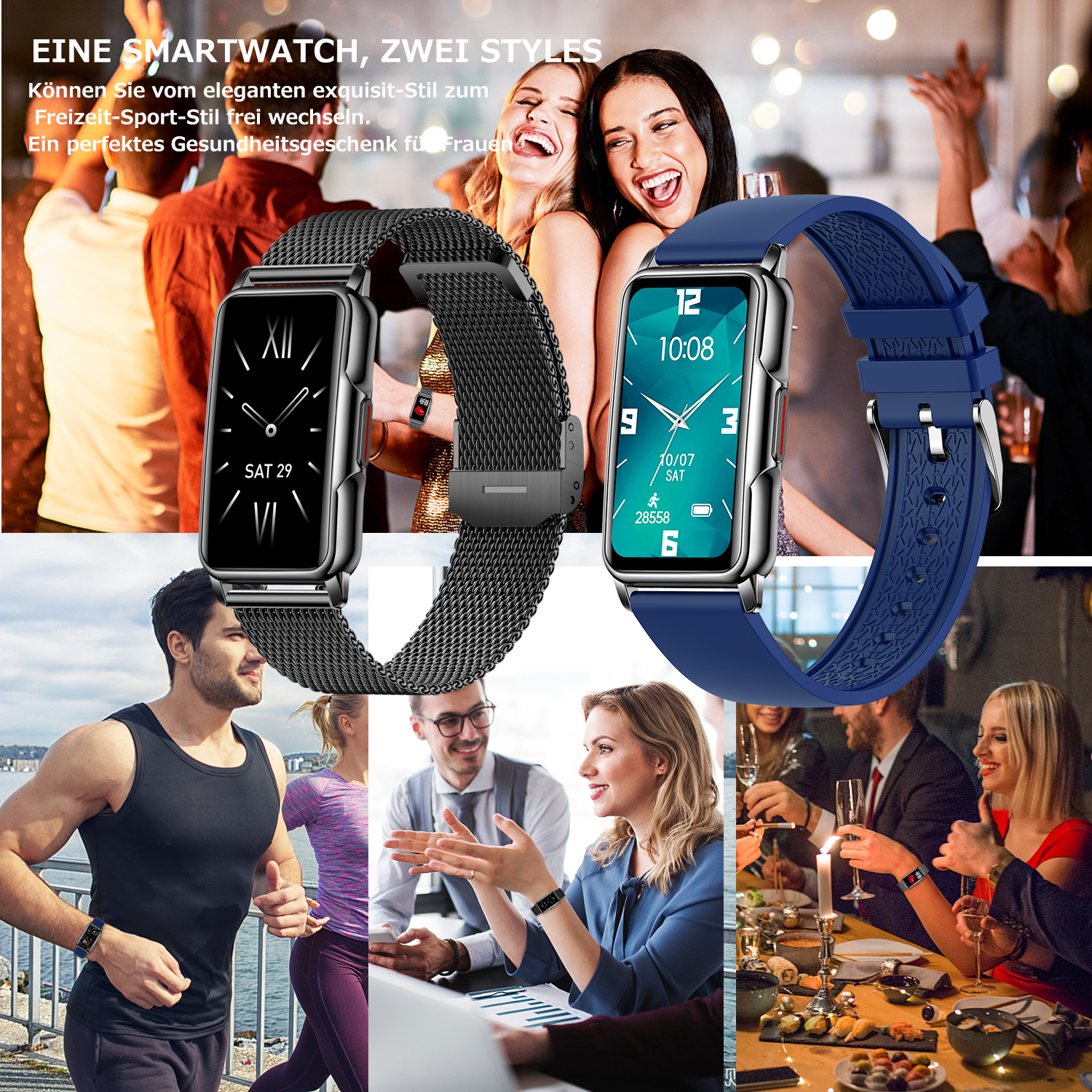 Smartwatches mit schwarzen und blauen Armbändern, dargestellt in verschiedenen Umgebungen.