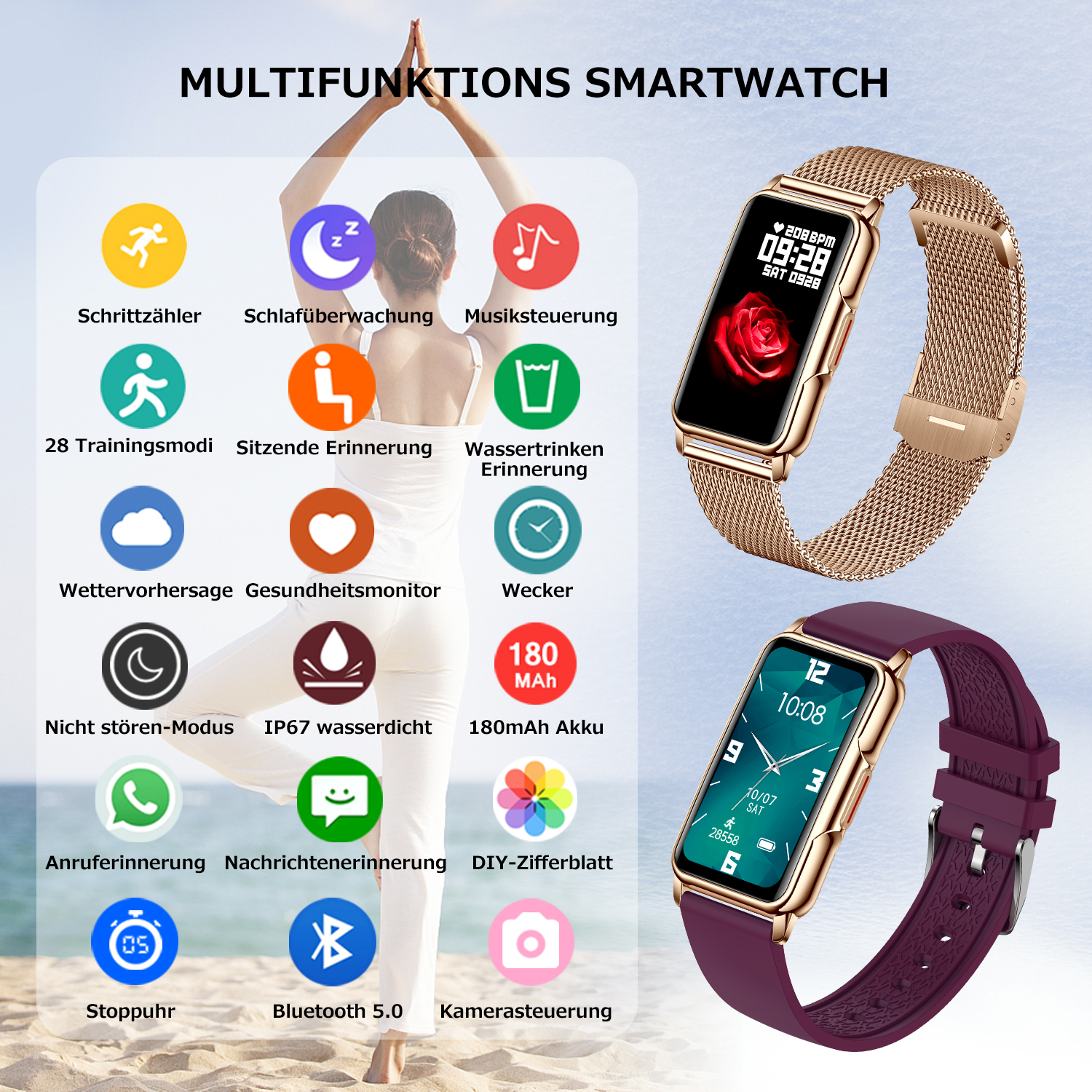 Eine Smartwatch, die verschiedene Funktionen zeigt. Zwei Smartwatches mit verschiedenen Armbändern. Weißer Hintergrund.