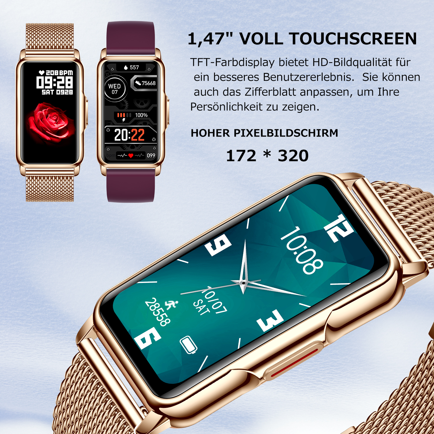 Drei Smartwatches. Eine mit roter Rosenanzeige, eine mit lila Band und eine mit grünem Display.