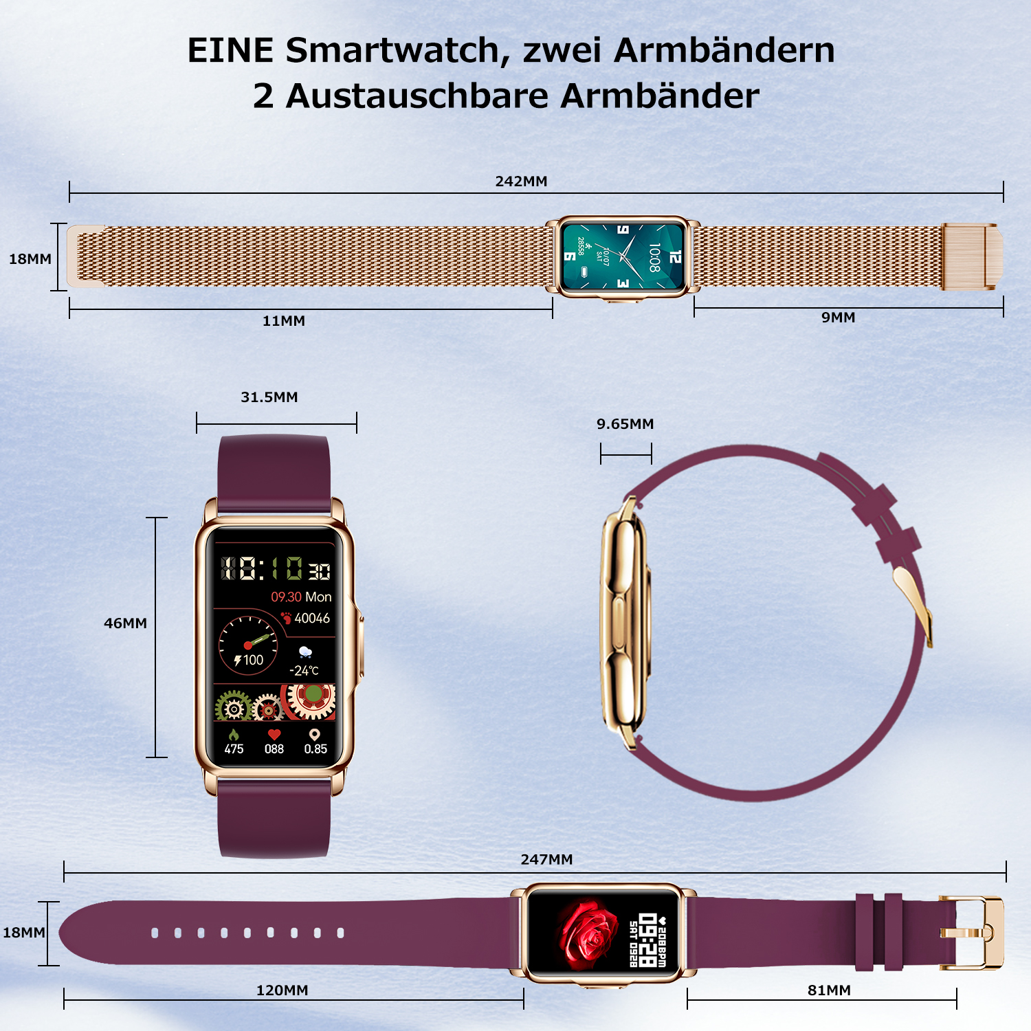 Smartwatch mit zwei Armbändern, einem Mesh- und einem lila Band. Zeigt Maße und Displaydetails.